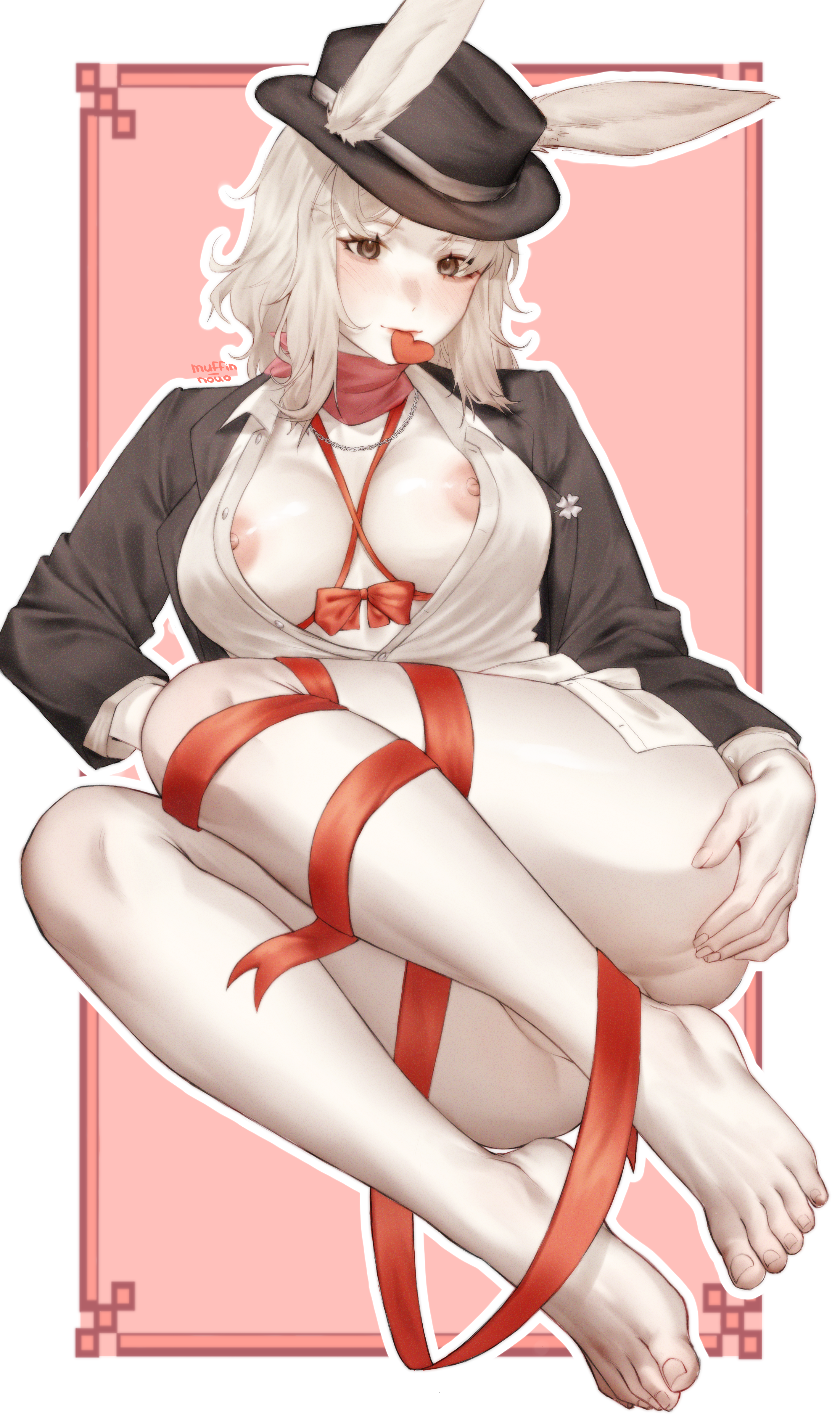 1girls, areolae, artist signature, black eyes, blush, bottomless, bow, breasts, breasts focus, breasts out, bun-zee, bunny ears, chance (forsaken), clothing, feet, female, female only, forsaken (roblox), hat, heart, looking at viewer, muffin nouo, nipples, partially clothed, ribbon, roblox, roblox game, robloxian, self upload, solo, tape, valentine's day, white body