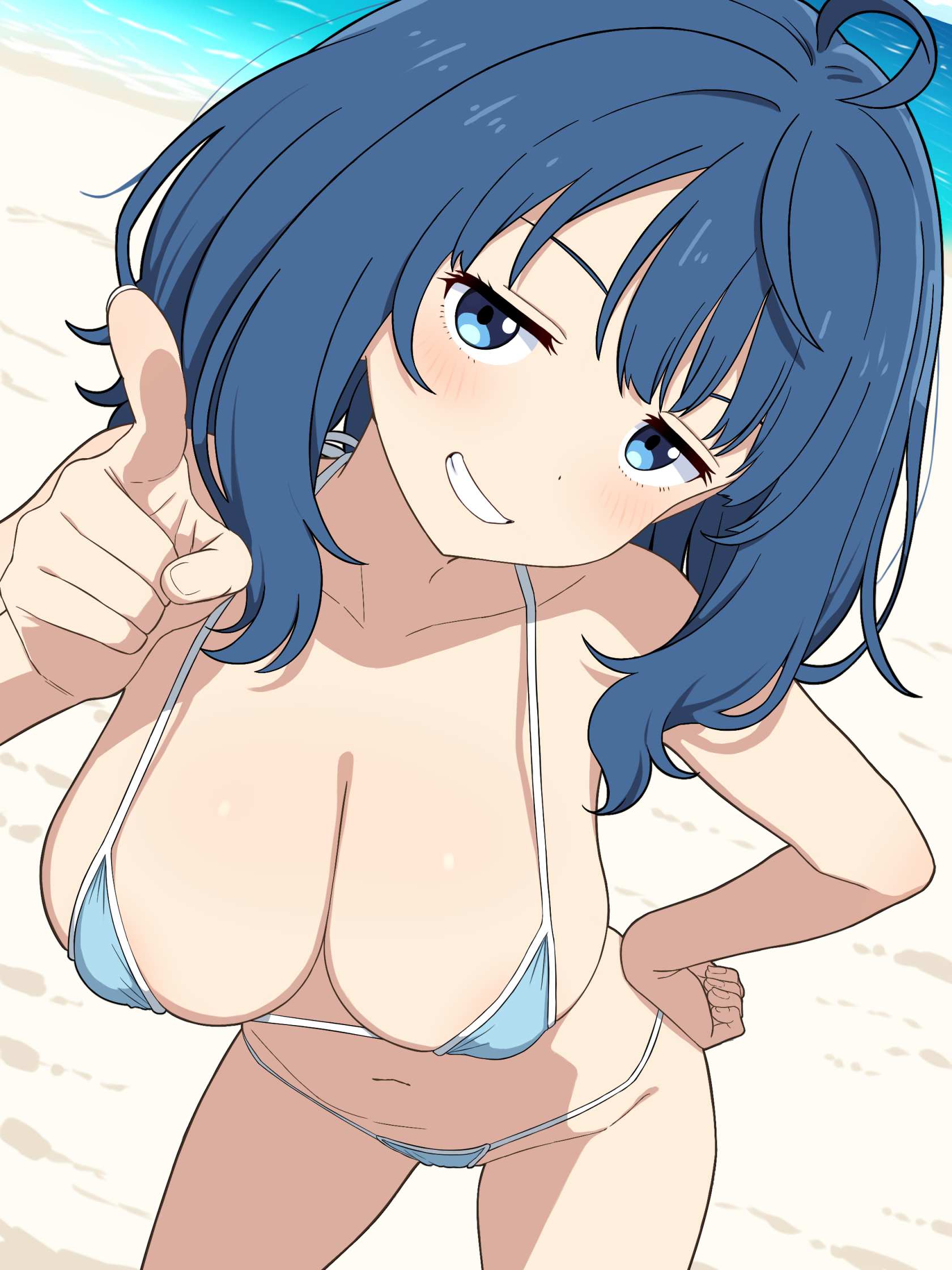 1girls, 2d, 2d (artwork), 2d artwork, ahoge, alternate version at source, alternate version available, bare arms, bare belly, bare chest, bare hands, bare hips, bare legs, bare midriff, bare navel, bare shoulders, bare skin, bare thighs, beach, belly, belly button, big breasts, bikini, bikini bottom, bikini only, bikini top, blue bikini, blue bikini bottom, blue bikini top, blue eyes, blue hair, blue swimsuit, blue swimwear, blue-eyed female, blue-haired female, blush, blush face, blushing female, blushing lines, breasts, busty, busty female, busty girl, busty teen, busty teenager, cleavage, coast, collarbone, digital, digital art, digital drawing, digital drawing (artwork), digital media, digital media (artwork), dont nose, drawing, elbows, exposed arms, exposed belly, exposed chest, exposed hips, exposed legs, exposed midriff, exposed navel, exposed shoulders, exposed skin, exposed thighs, female, female focus, female only, fingernails, fingers, grin, grinning, grinning at viewer, groin, half naked, half nude, halterneck, head tilt, high resolution, high school student, highres, large boobs, large breasts, lean figure, long hair, looking at viewer, make heroine ga oo sugiru!, midriff, more at source, naked, naked female, naked woman, narrow waist, navel, nipple bulge, nude, nude female, nudity, parted lips, pointing at viewer, posing, posing for the viewer, posing naked, posing nude, sand, school girl, schoolgirl, seaside, semi nude, shoulders, slender body, slender waist, slim female, slim waist, smile, smiley face, smiling, smiling at viewer, solo, standing, string bikini, swimsuit, swimwear, teen girl, teenage female, teenage girl, teenage tits, teenager, thighs, tilted head, to bari, upper body, water, yanami anna, young female, young woman