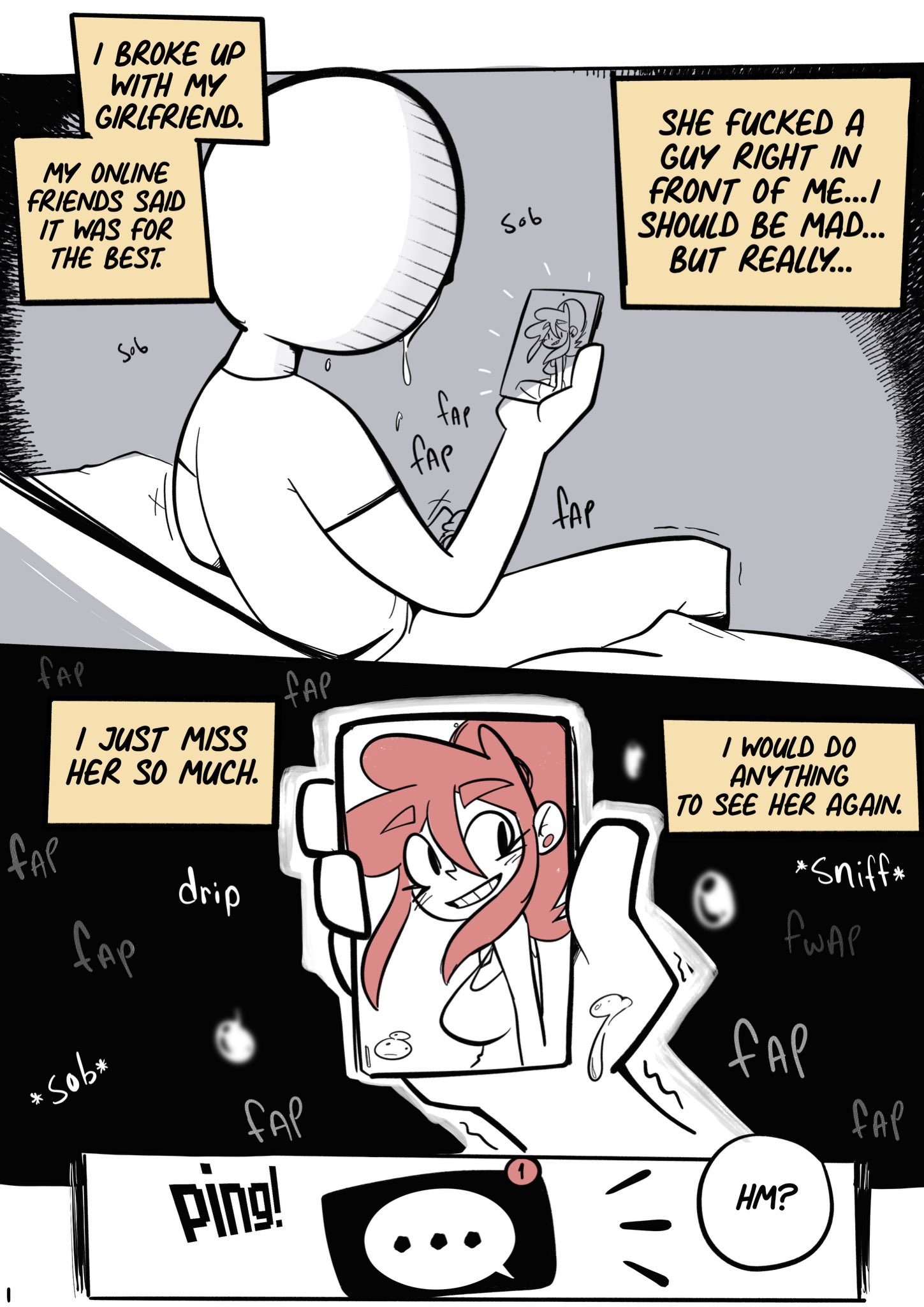 1boy, 1boy1girl, 1girls, black and white, crying, crying male, cuckold, dialogue, dialogue box, english text, female, joshin, male, malesub, masturbation, onomatopoeia, pink hair, smartphone, tulip (joshin)
