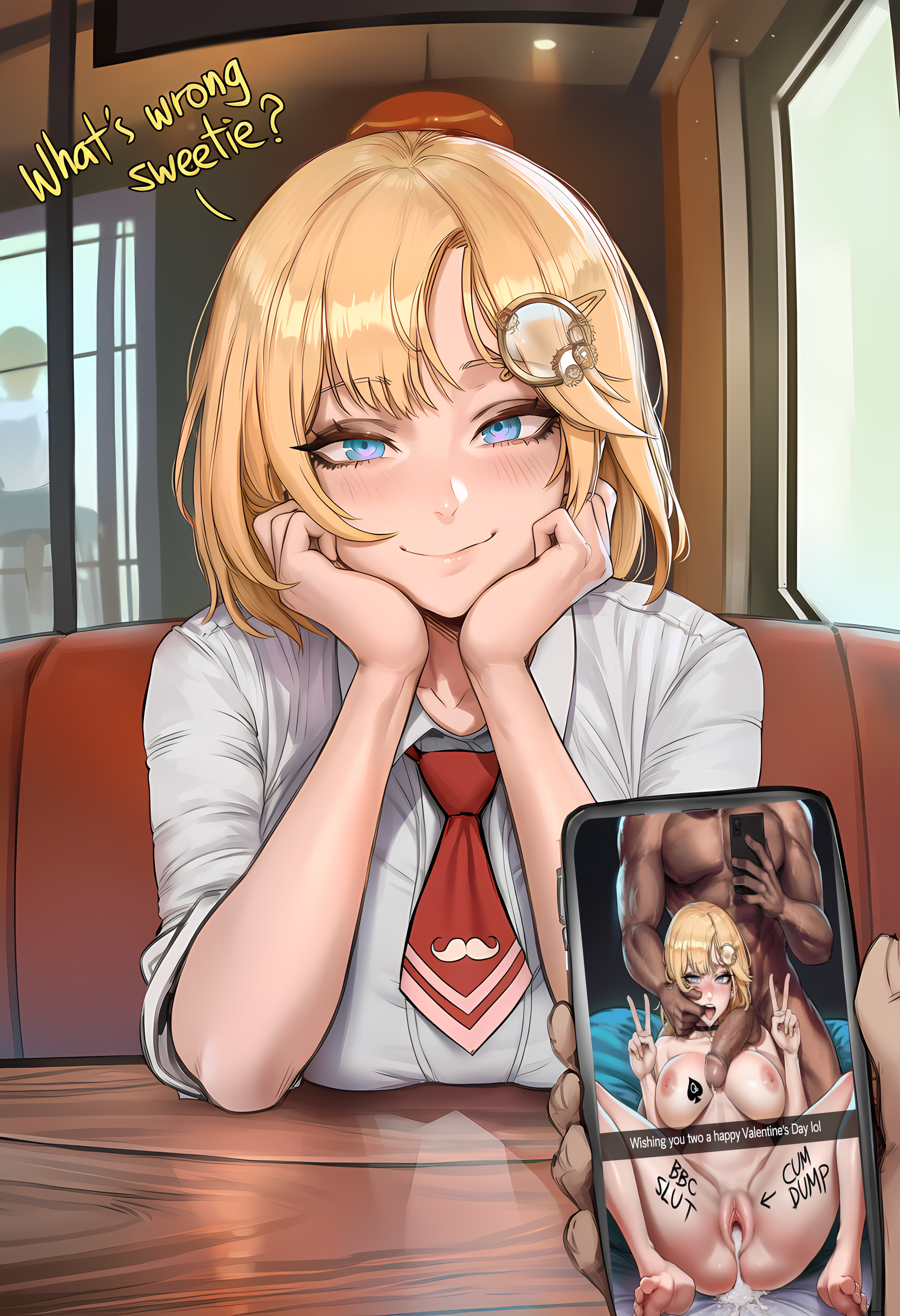ai generated, areolae, blacked, blonde hair, body writing, breasts, cuckold, cuckold pov, cuckolding, cum, cum drip, cum in pussy, cum inside, cum leaking, cum leaking out of pussy, double peace sign, double v, finger in mouth, hair, hair ornament, holding phone, hololive, hololive english, huge breasts, indoors, interracial, juxtaposition, large breasts, large penis, legs, legs apart, netorare, nipples, ntr, peace sign, penis, phone, qos, qos tattoo, tagme, text, thick thighs, virtual youtuber, watson amelia