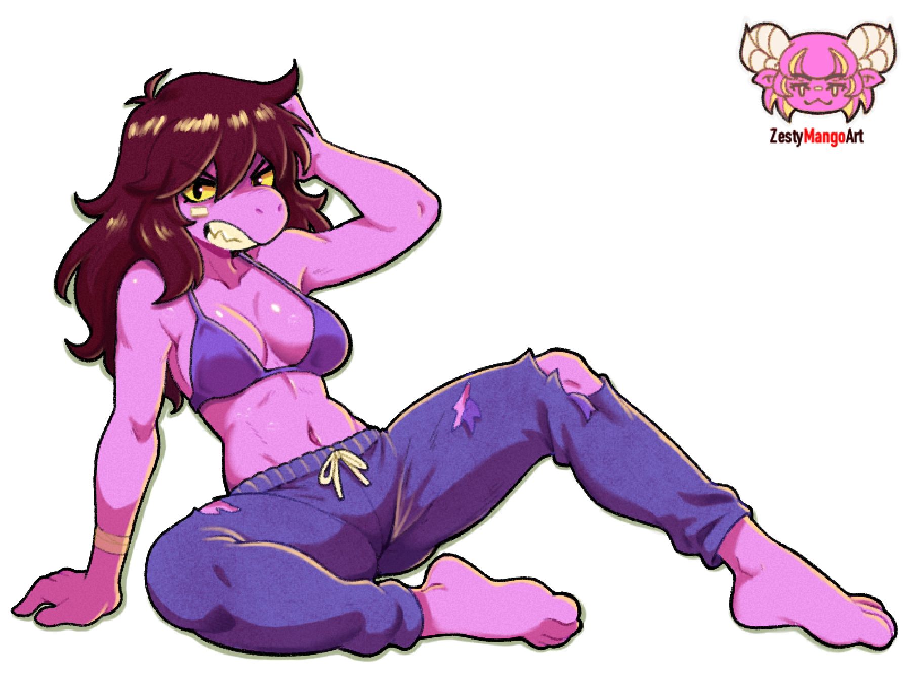 2025, 2d, angry, anthro, bra, breasts, deltarune, doodle, female, female only, furry, lizard, long hair, muscles, muscular, muscular female, pants, reptile, semi nude, susie (deltarune), undertale (series), watermark, zestymangoart