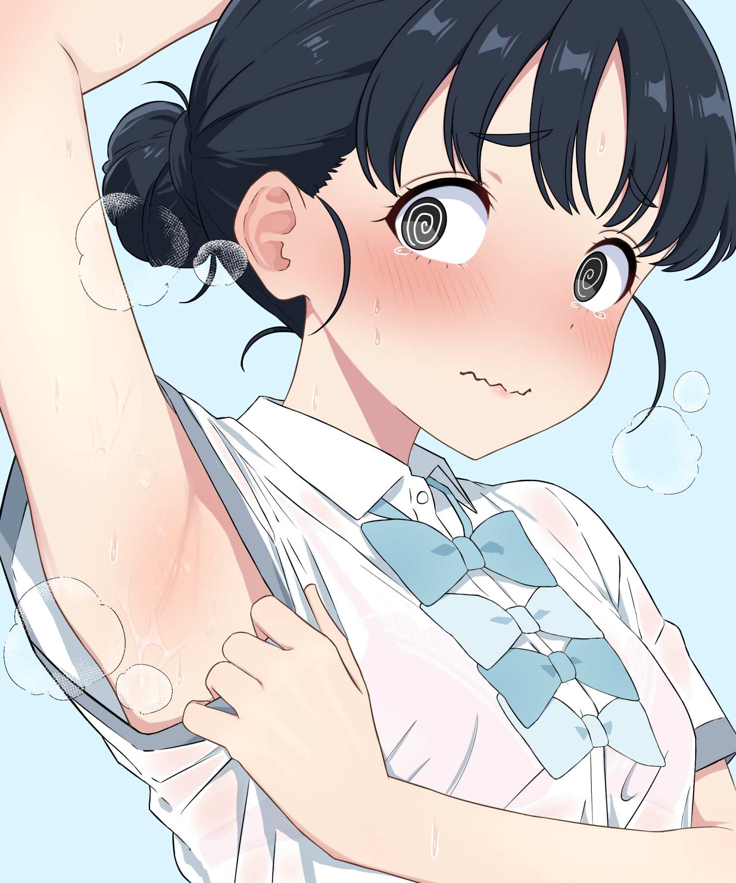 @ @, 1girls, 2d, 2d (artwork), 2d artwork, arm above head, arm up, armpit, armpit crease, armpit focus, armpit peek, armpit sweat, armpits, basori tiara, black eyes, black hair, black-eyed female, black-haired female, blue background, blush, blush face, blushing at viewer, blushing female, blushing lines, bra, breasts, collarbone, digital, digital art, digital drawing, digital drawing (artwork), digital media, digital media (artwork), drawing, elbows, embarrassed, embarrassed expression, embarrassed female, eyebrows visible through hair, female, female focus, female only, fingers, flustered, flustered female, hair bun, hairless armpits, hand above head, hand up, high resolution, highres, looking at viewer, make heroine ga oo sugiru!, posing, posing for the viewer, presenting armpit, school uniform, see through, see through clothes, see through clothing, see through shirt, see-through, see-through clothes, see-through clothing, see-through shirt, shaved armpits, shiny armpits, short hair, shoulders, simple background, small breasts, solo, standing, sweat, sweat on body, sweat on face, sweatdrop, sweating, sweaty, sweaty armpit, sweaty armpits, sweaty body, sweaty face, sweaty female, swirly eyes, tears, to bari, underwear, uniform, upper body, wavy mouth