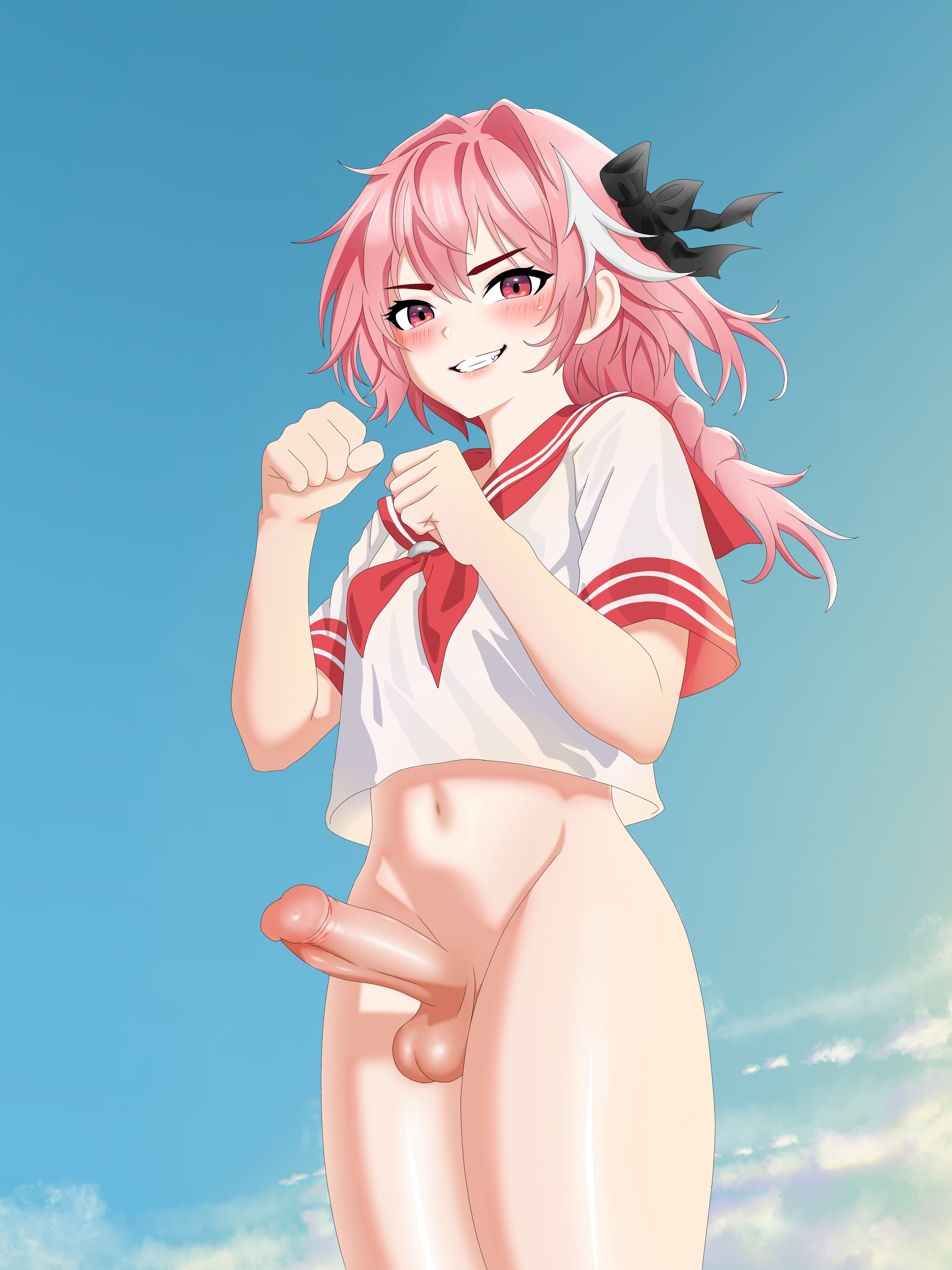 1boy, 1femboy, ahe gao, astolfo (fate), big penis, femboy, full body, penis, pink hair, school uniform, shirt, smile, solo, solo male, thick thighs, thighs