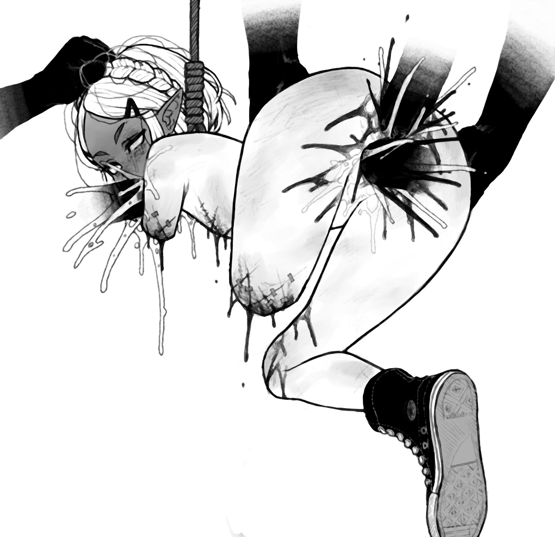 all fours, amputation, amputee, anal, anal insertion, anal sex, anus, blood stain, bluesalm0n, converse, corpse, corpse fuck, dead, death, double penetration, drool, extreme content, female, female death, female focus, fluids, gangbang, gangrape, guro, monochrome, necrophilia, noose, on floor, on ground, oral, princess zelda, pussy, ryona, saliva, shoes only, short hair, small breasts, snuff, straight, tears of the kingdom, the legend of zelda, vaginal penetration, vaginal sex, violation, zelda (tears of the kingdom)