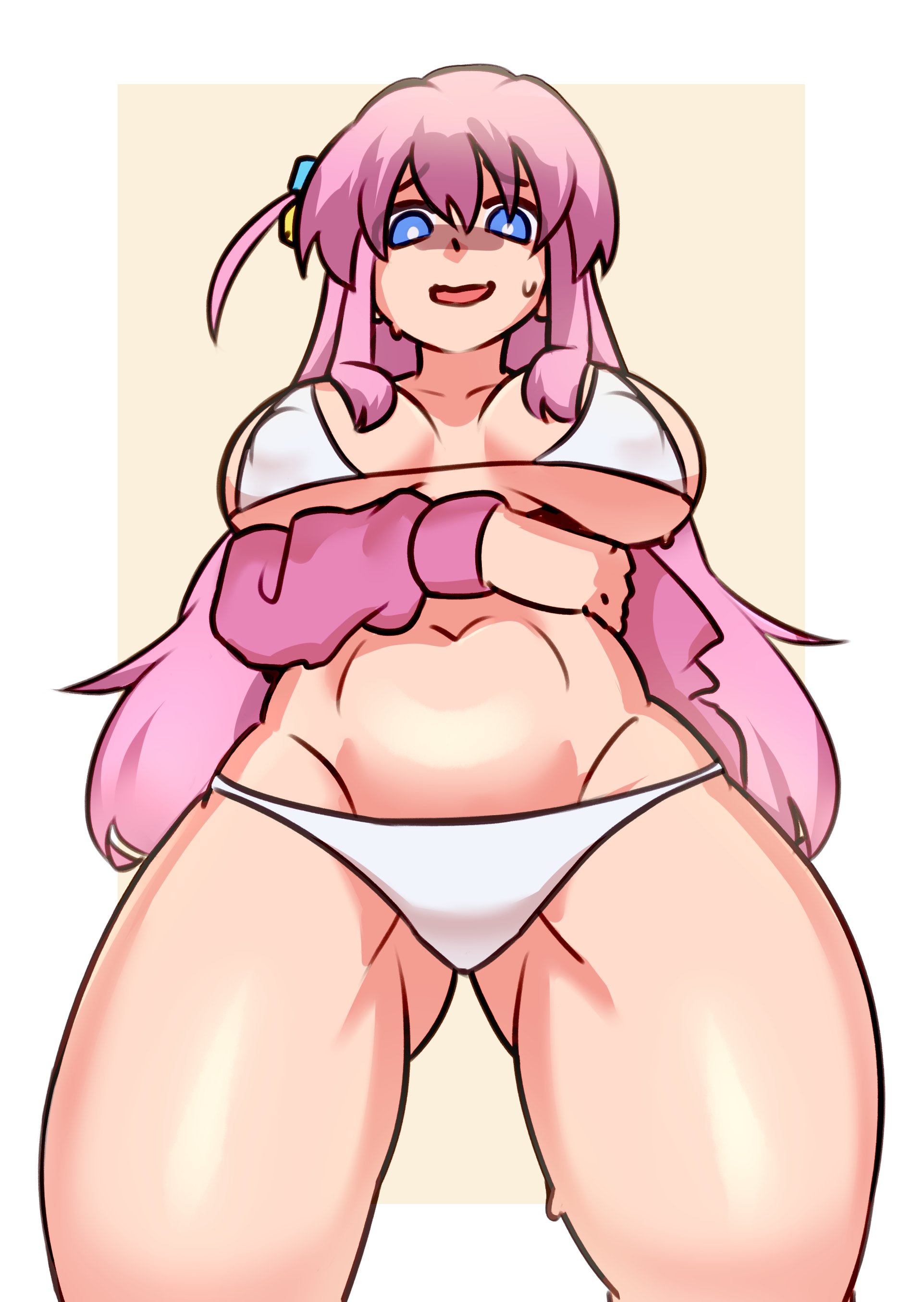 areolae visible through clothing, bocchi the rock!, bra, gotou hitori, huge breasts, looking down, panties, pillow shading, sunk118, sweat, thick thighs