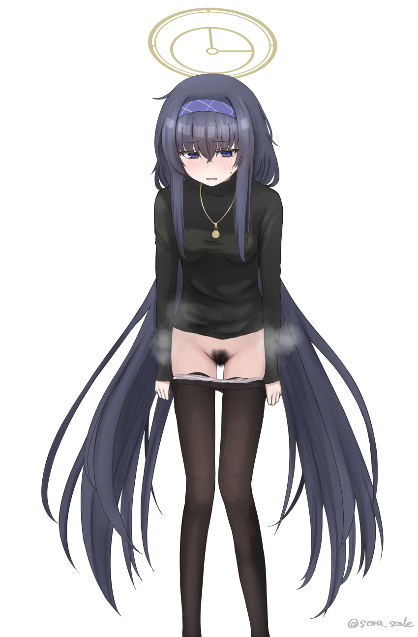 absurdres, artist name, black hair, black pantyhose, black pubic hair, black shirt, blue archive, blush, breasts, commentary, feet out of frame, female, female pubic hair, hair between eyes, hairband, halo, highres, jewelry, light blush, long hair, long sleeves, low twintails, necklace, panties, pantyhose, parted lips, pubic hair, purple eyes, purple hairband, removing pantyhose, shirt, simple background, small breasts, small sweatdrop, solo, sora scale, steaming body, twintails, twitter username, ui (blue archive), underwear, undressing, very long hair, white background, white panties, yellow halo