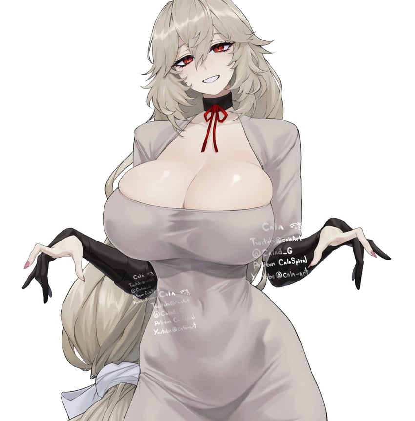 1girls, alexandrina sebastiane, artist name, black gloves, blush, breasts, calad g, cleavage, dongtan dress, dress, gabriel carrasquillo, gloves, grey dress, grey hair, hoyoverse, large breasts, long hair, navel, red eyes, red ribbon, ribbon, simple background, solo, tight clothes, tight dress, very long hair, watermark, white background, zenless zone zero