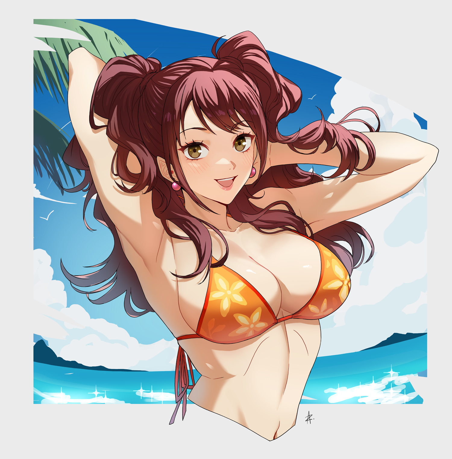 armpits, bare shoulders, beach, bikini, breasts, brown eyes, brown hair, cleavage, collarbone, commission, earrings, female, female only, highres, jewelry, kujikawa rise, long hair, looking at viewer, medium breasts, navel, open mouth, orange bikini, palm leaf, persona, persona 4, smile, solo, swept bangs, swimsuit, two side up, vgen commission, zedoraart