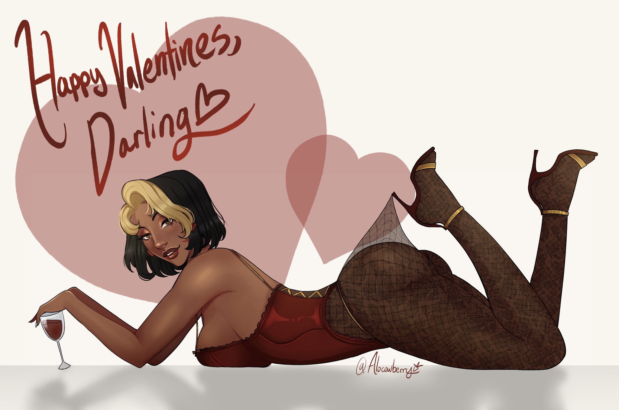 big breasts, champagne, champagne glass, dark-skinned female, domina, high heels, hourglass figure, indian, indian female, lace pantyhose, lace pantyhose hooked on heel (meme), overwatch, pantyhose, red corset, tagme, tagme (artist), valentine's day