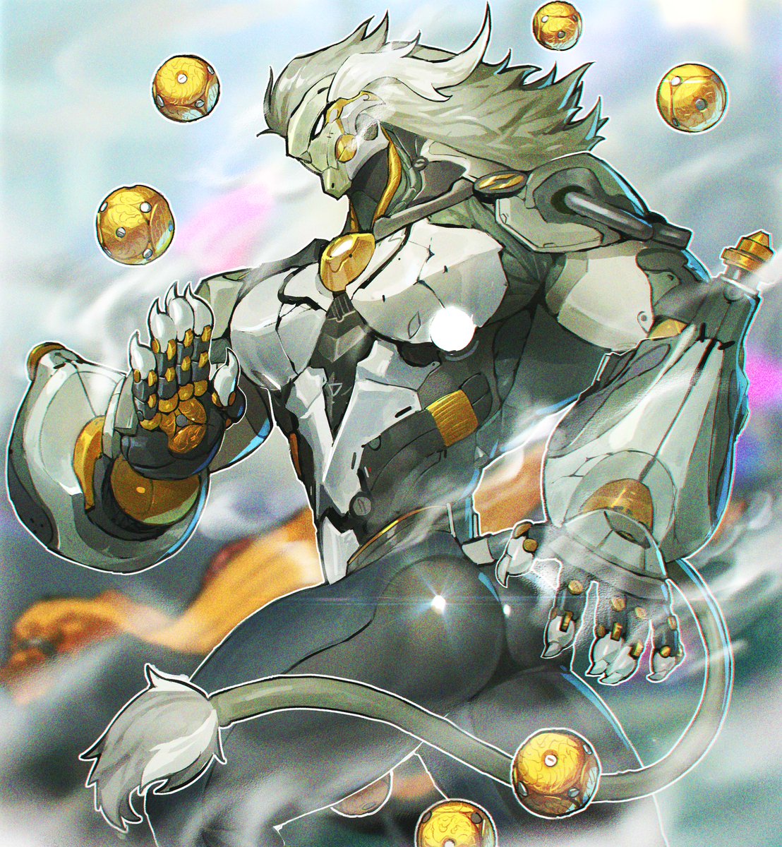 1boy artificial_eye ass banyue_(zenless_zone_zero) blurry blurry_background claws clothed_robot clothes_around_waist commentary cowboy_shot english_commentary floating_ball grey_hair grey_tail highres holding holding_orb humanoid_robot long_hair male_focus mechanical_eye mechanical_hands mechanical_tail metal_skin orb papyuuno robot robot_boy solo sparkle steam tail zenless_zone_zero