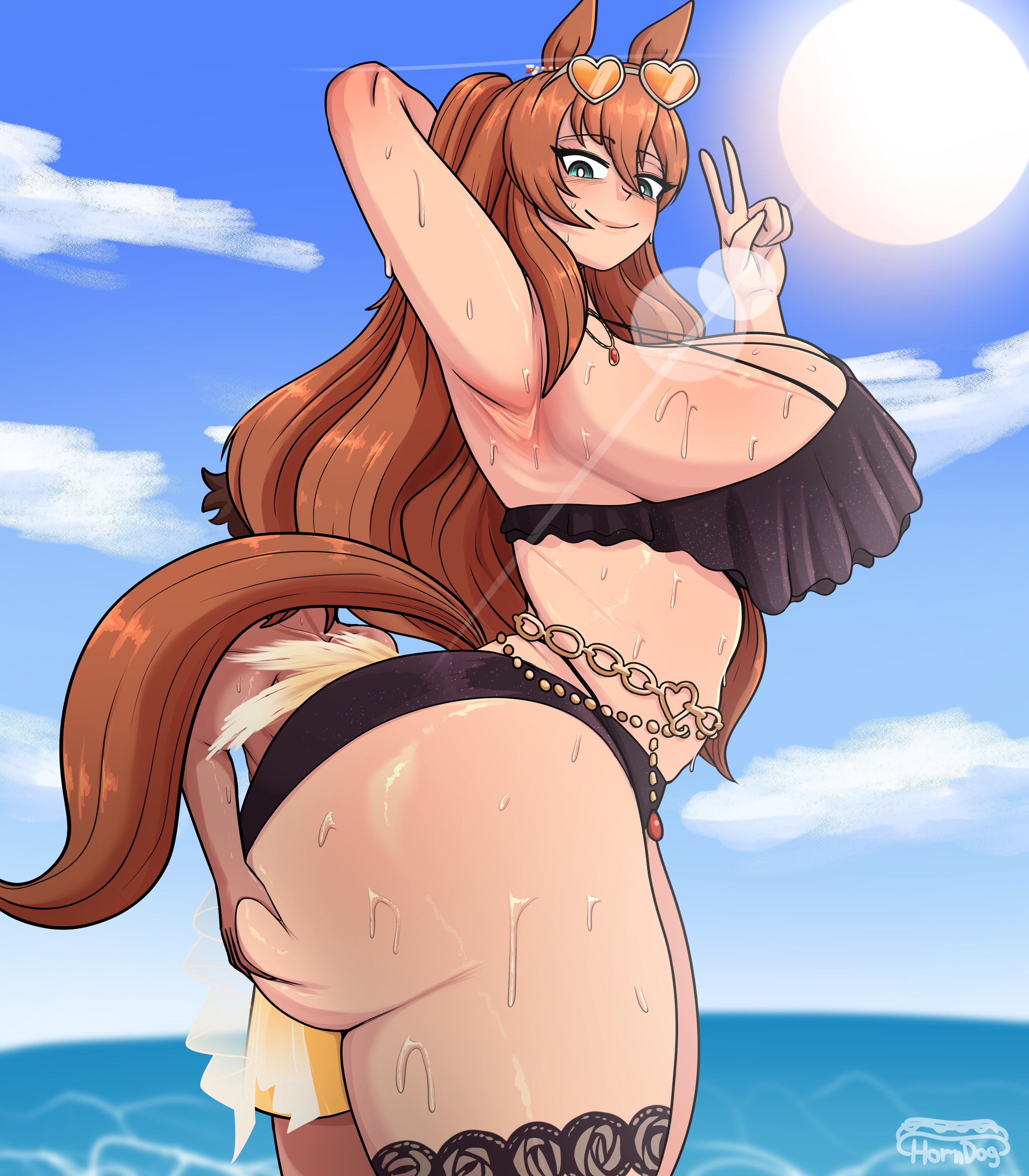 1boy, 1girls, absurdres, animal ears, ass grab, big ass, big breasts, bikini, black bikini, blush, bow, breasts, brown hair, brown tail, chains, cleavage, cowboy shot, ear bow, eyewear on head, female, frilled bikini, frills, green eyes, hair between eyes, heart, heart-shaped eyewear, highres, horndogo36, horse ears, horse girl, horse tail, huge ass, huge breasts, jewelry, large breasts, long hair, maruzensky (hot summer night) (umamusume), maruzensky (umamusume), necklace, official alternate costume, orange-tinted eyewear, smile, swimsuit, tail, umamusume, umamusume pretty derby