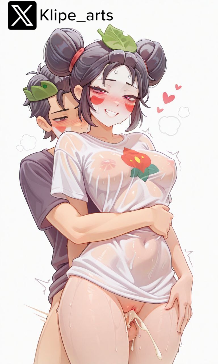 ai generated, brawl stars, covered navel, covered nipples, cum in pussy, cumshot, hugging from behind, kaze (brawl stars), pussy, see-through clothing, sex, sex from behind, shirt, wet clothes