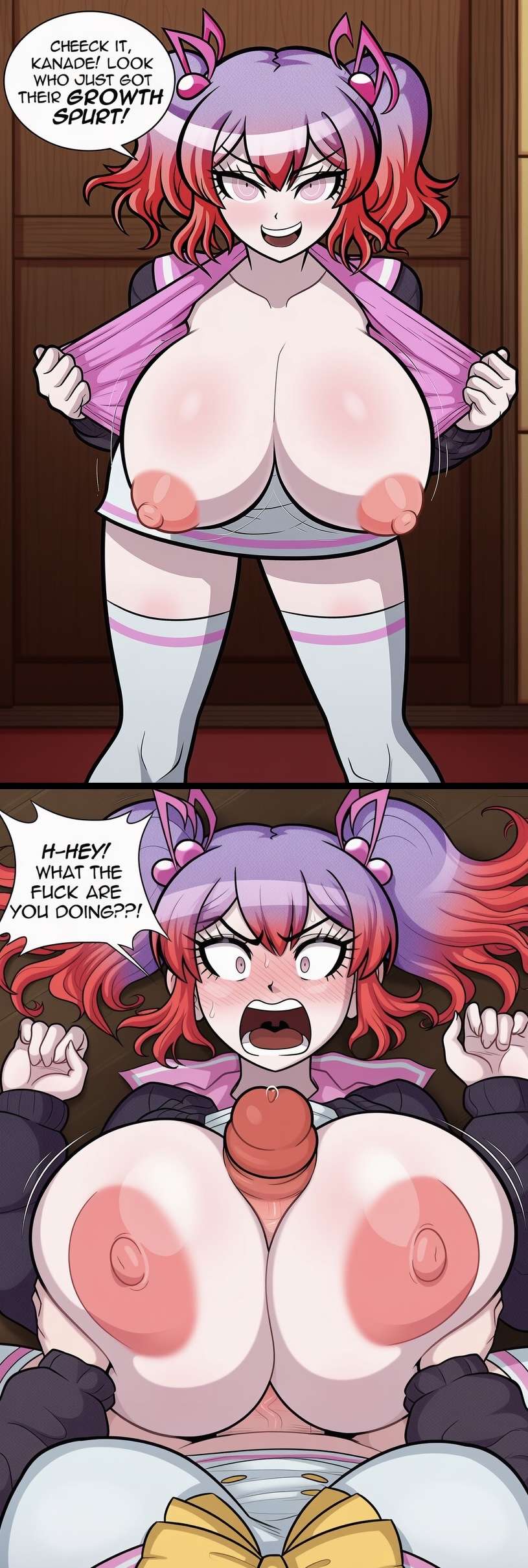 1futa, 1girls, ai generated, angry, big nipples, big penis, breast grab, breasts, danganronpa, danganronpa another, english text, fanganronpa, futa on female, futa pov, futanari, huge breasts, incest, opening shirt, otonokoji hibiki, otonokoji kanade, paizuri, penis, penis between breasts, pink hair, presenting breasts, shouting, sisters, smug, straddling paizuri, super danganronpa another 2, text, twincest, twins, twintails