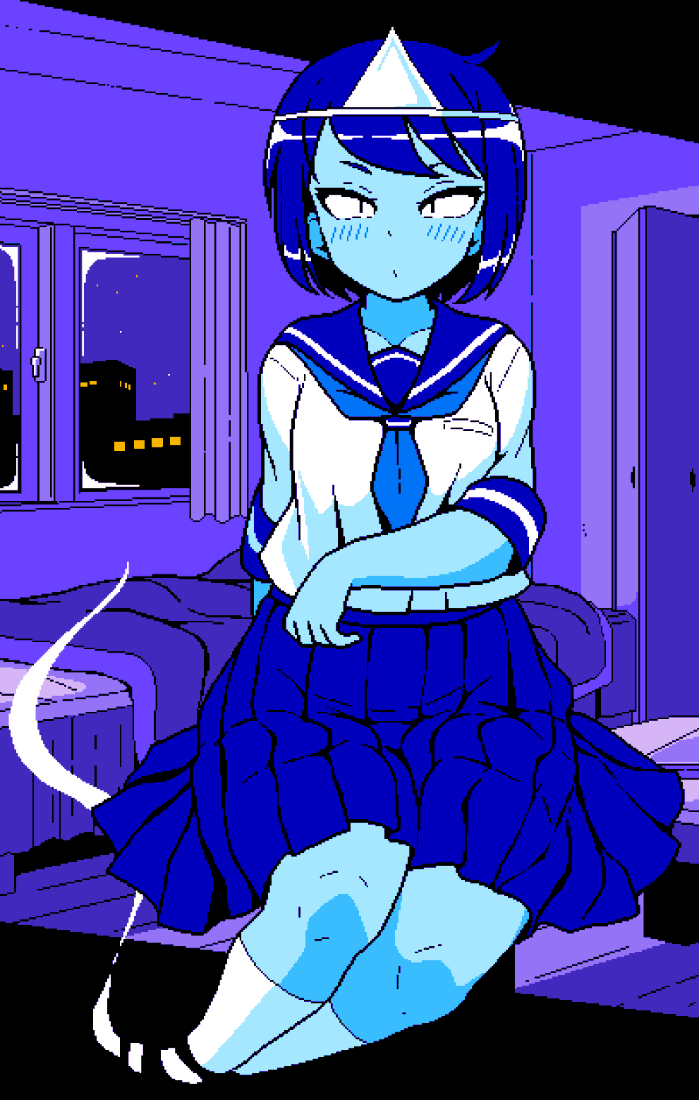 1girls 2d blue_body blue_skin blush breasts clothed female female_only game_cg ghost ghost_girl ghost_tail headpiece jermaneels legwear pixel_art sailor_uniform school_uniform short_hair skirt small_breasts spirit_(jermaneels) strip_rock-paper-scissors_-_ghost_edition triangular_headpiece