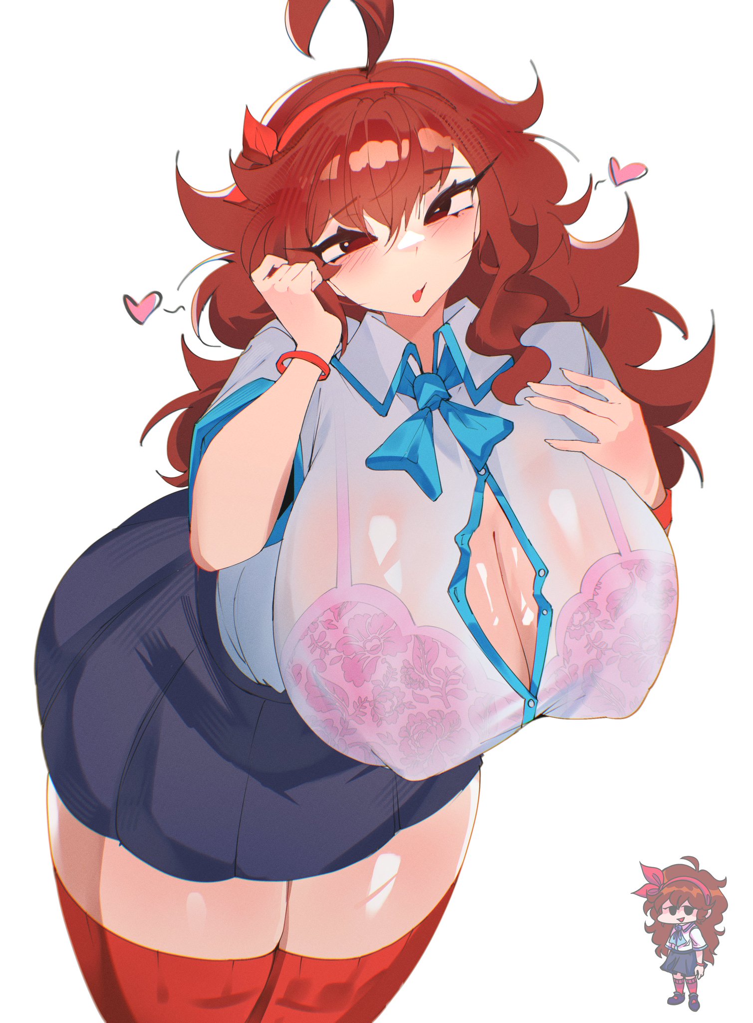 big breasts, cleavage, demon horns, friday night funkin, girlfriend (friday night funkin), heart, heart symbol, hoshoidk, hourglass figure, hourglass figured female, huge breasts, large breasts, long hair, looking at viewer, maginage matches (friday night funkin), oiled, oiled body, oiled breasts, school uniform, schoolgirl, schoolgirl uniform, thick thighs, thighs, transparent clothing, visible bra