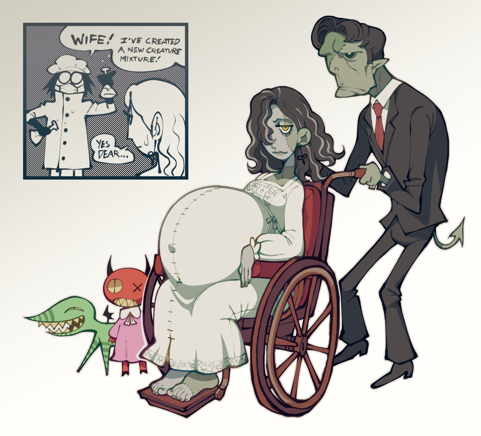 1boy, 1girls, barefoot, black hair, bride of frankenstein, english text, feet, frankenstein, frankenstein's monster, full body, fully clothed, hair over one eye, hellbrain, mad scientist, maternity clothes, maternity dress, medium hair, monster, monster girl, original, original character, original characters, pregnant, ready to pop, sitting, stitches, two-tone hair, wheelchair, zombie, zombie girl