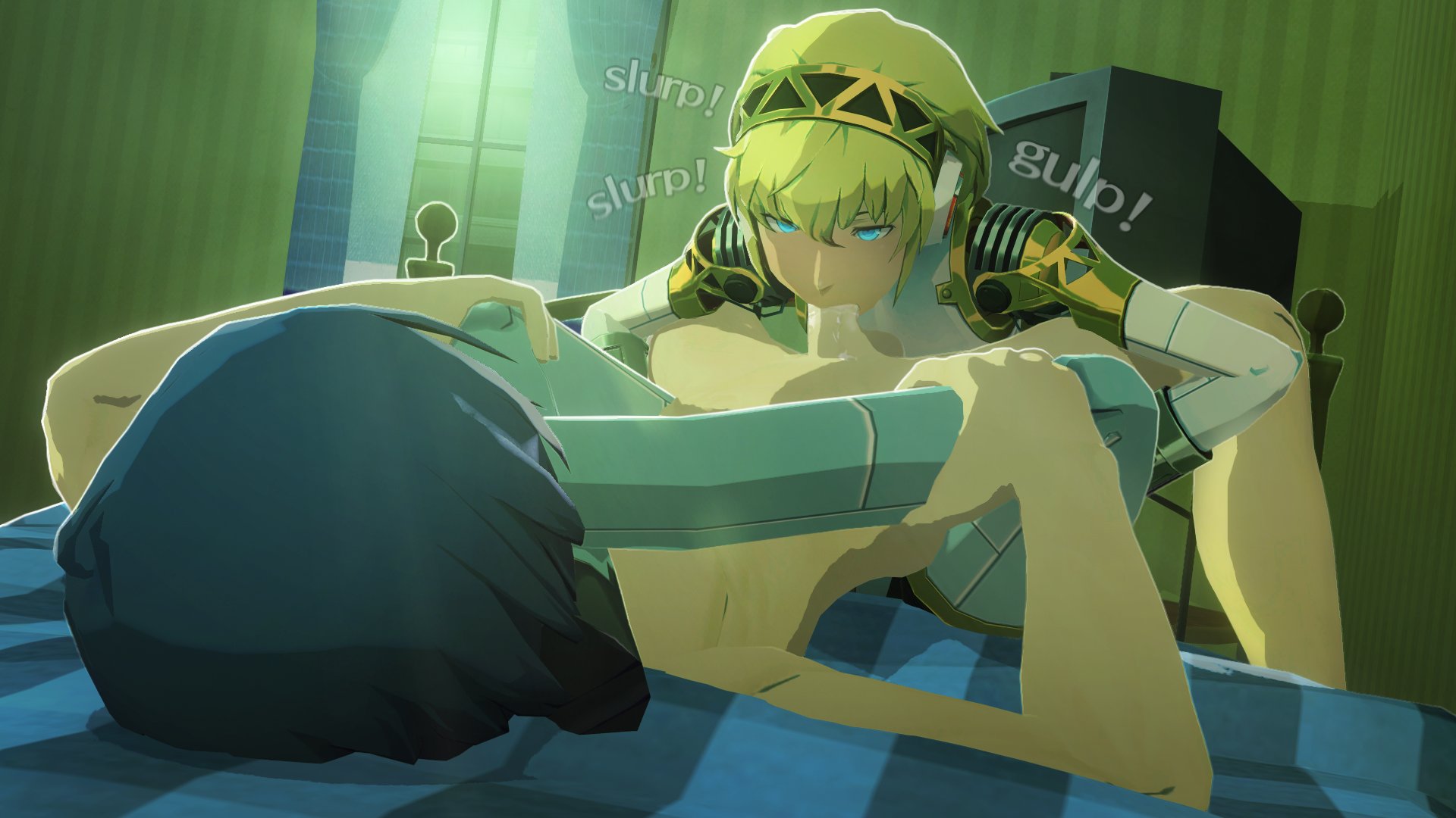 3d, aigis (persona), bedroom, blowjob, blue eyes, blue hair, makoto yuki, night, oral sex, persona, persona 3, spit on penis, text, uriziel38