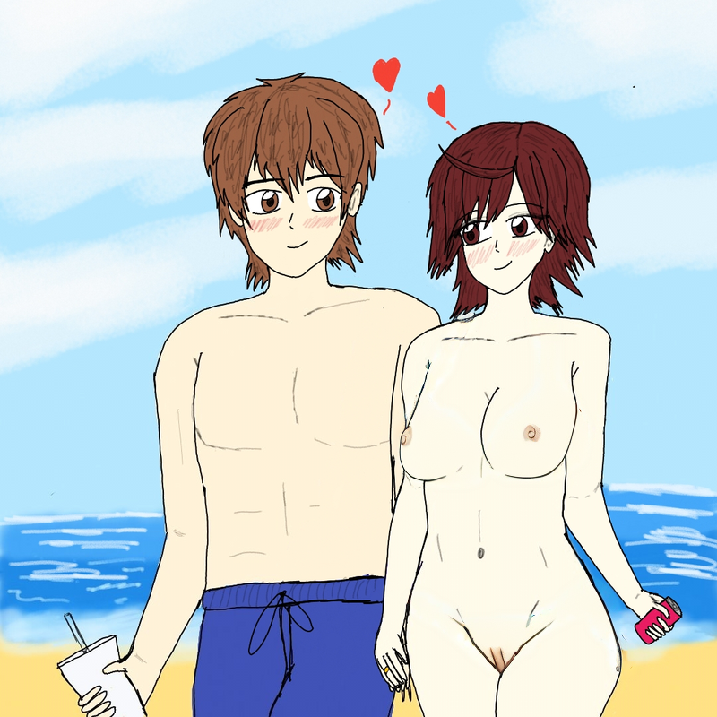 1boy 1boy1girl 1girls akane_(etra-chan_saw!) alternate_version_available beach blush breasts brown_eyes brown_hair casual casual_nudity clothed clothed_male clothed_male_nude_female cloud clouds completely_naked completely_naked_female completely_nude completely_nude_female couple drink etra-chan_saw! female fit fit_female happy heart holding holding_can holding_drink holding_hands holding_object katsura_(etra-chan_saw!) looking_at_another male married_couple muscular muscular_male naked naked_female nipples nude nude_edit nude_female nude_filter pubic_hair pussy red_eyes red_hair ring smile smiling swimming_trunks swimsuit swimwear vagina water wholesome wholesome_nudity