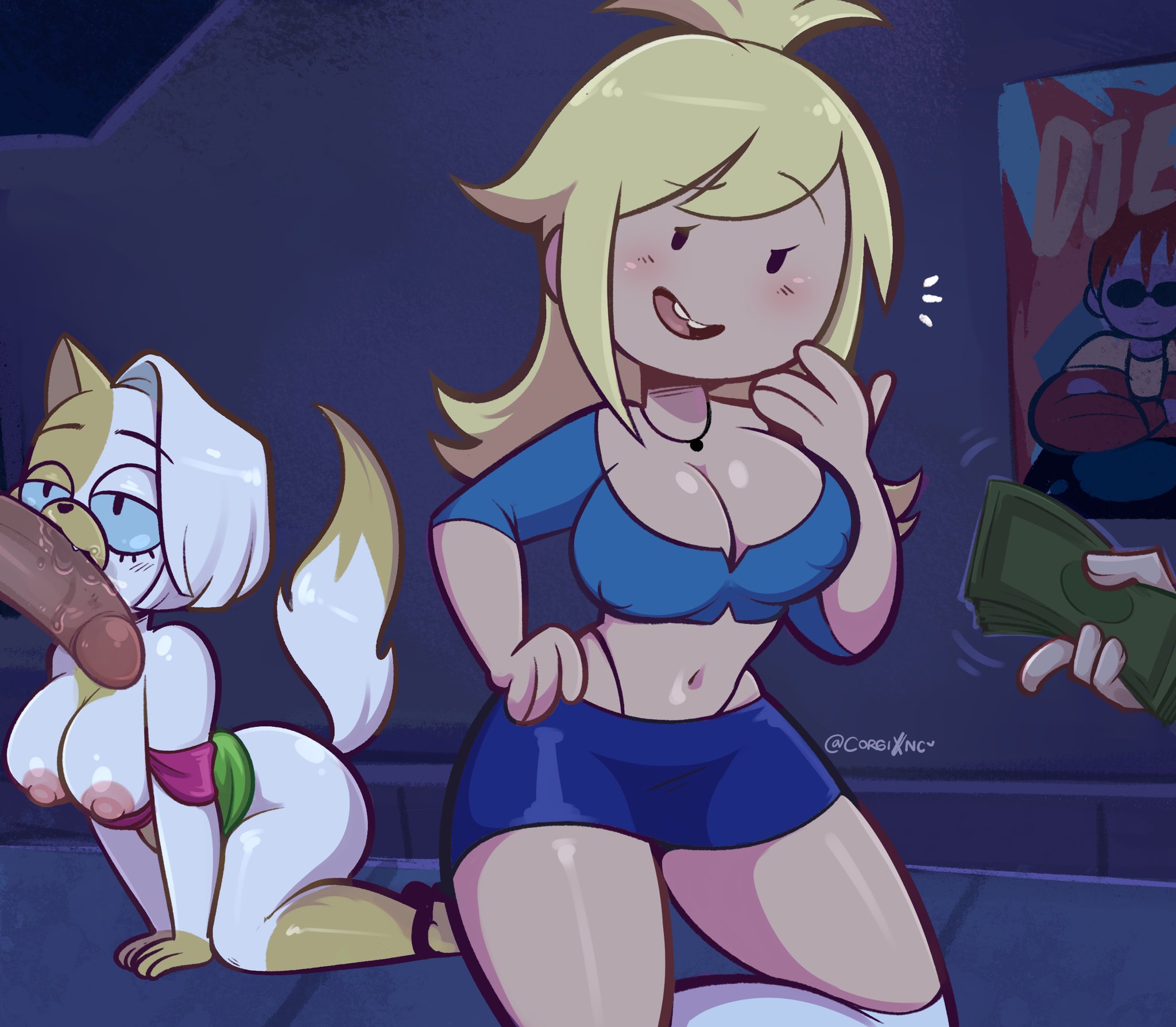 2girls, adventure time, ass, big ass, big breasts, big penis, blonde hair, blush, blushing, breasts, cake the cat, cleavage, corgixnc, female, fionna and cake, fionna campbell, fionna the human girl, furry, holding money, human, imminent sex, large ass, large breasts, large penis, penis, propositioning, prostitute, prostitution, revealing clothes, skimpy, skimpy clothes, slut, sluts, slutty female, tail, thick thighs