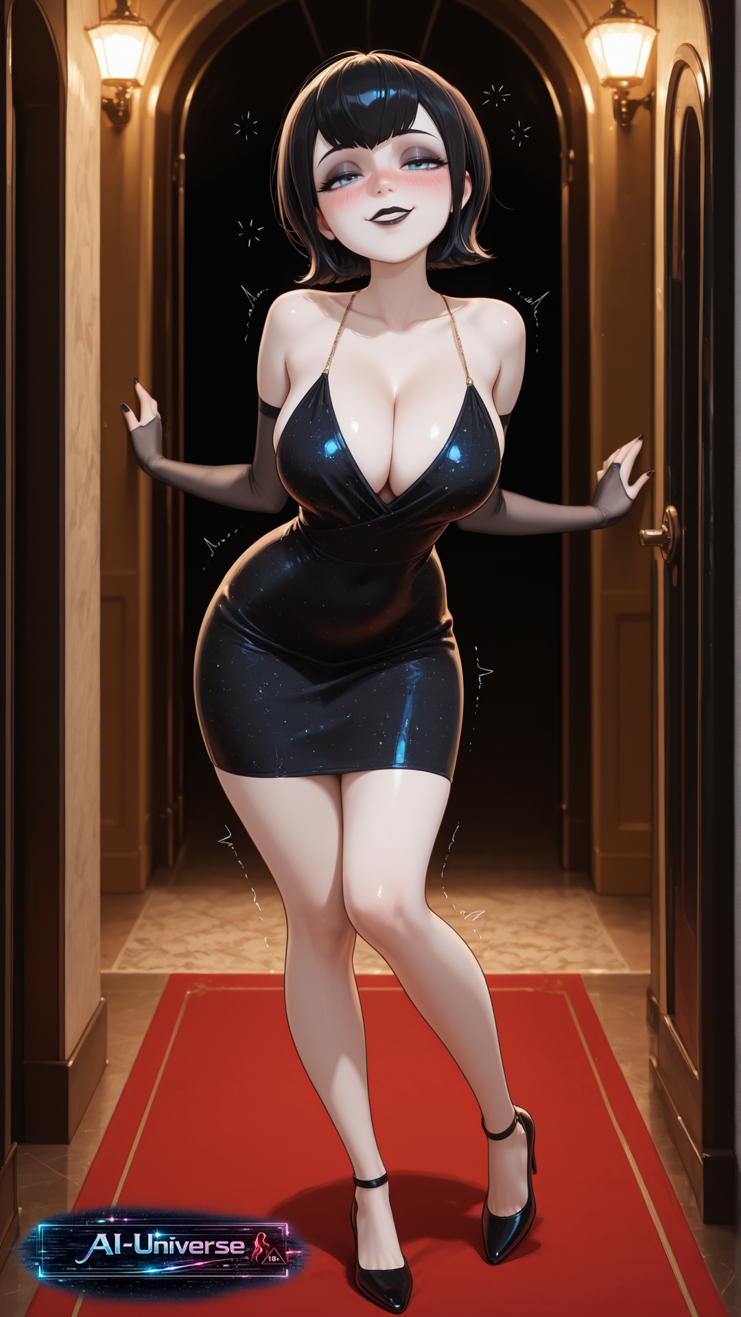 ai generated, aiuniverse56, aroused, big breasts, black dress, black hair, black lipstick, black nails, blue eyes, blush, cleavage, drunk, drunk female, eyeshadow, glitter dress, gloves, high heels, hotel transylvania, knees together feet apart, mavis dracula, short hair, stable diffusion, standing, trembling