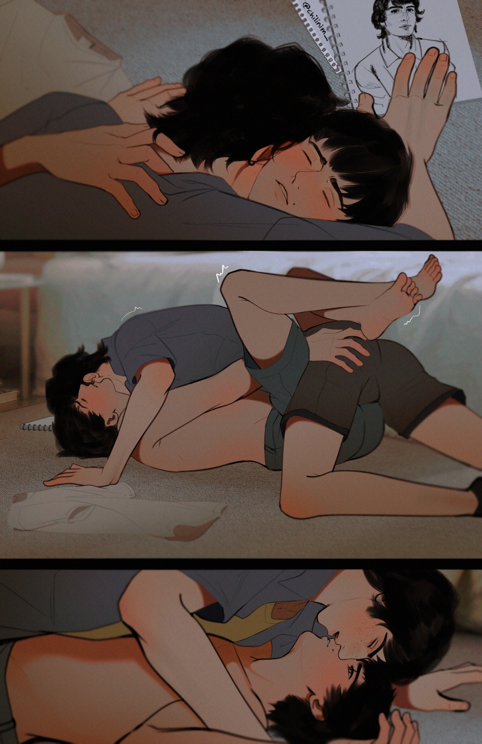 2boys, ass grab, blush, closed eyes, clothed, clothing, currynim, drawing (object), gay, grabbing another's ass, grabbing ass, hand on ass, making out, male, male focus, male only, mike wheeler, on floor, sexually suggestive, shirtless, shirtless male, stranger things, suggestive, suggestive pose, will byers, yaoi