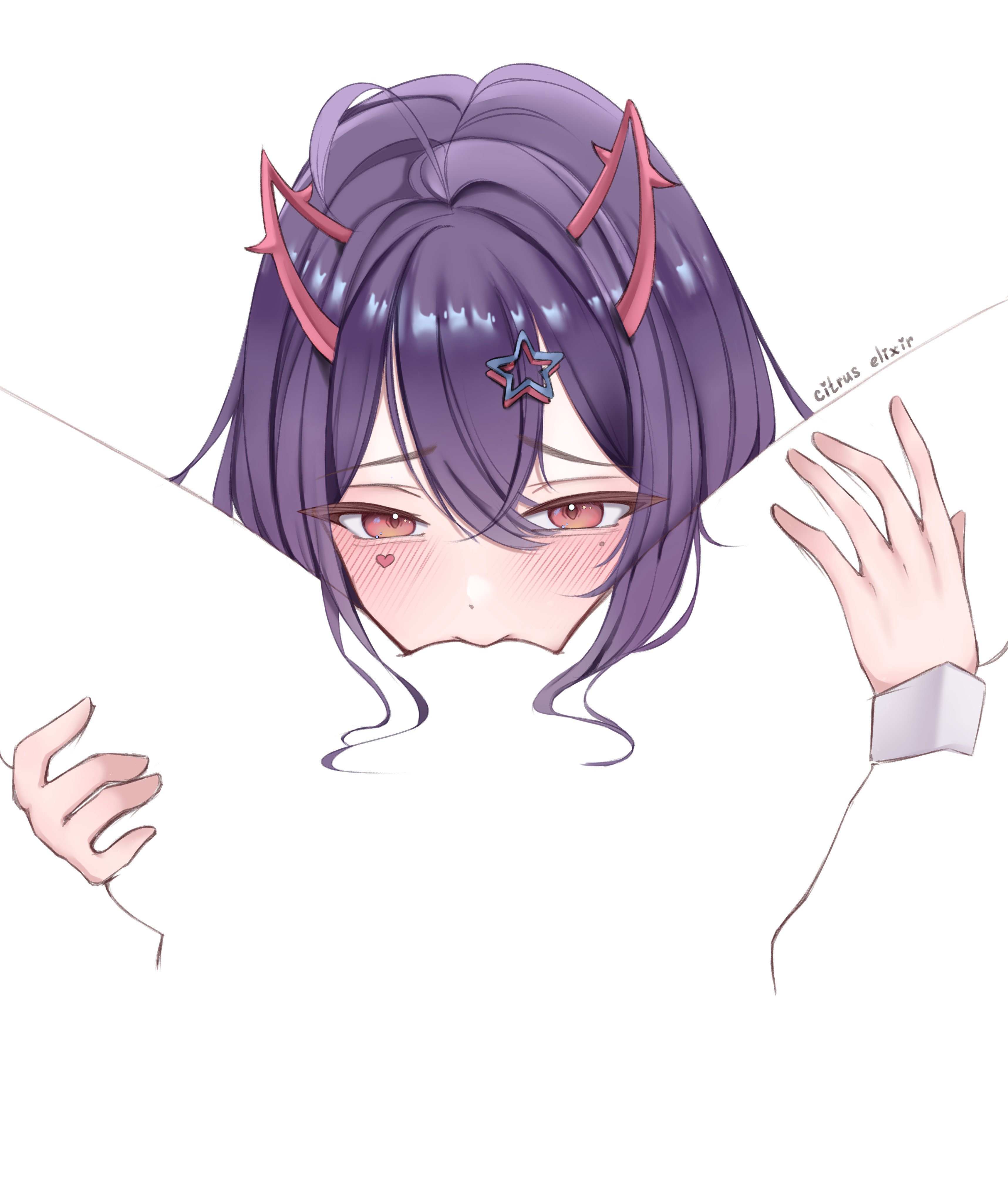 2girls, akuma nihmune, blush, citrus elixir, cunnilingus, demon girl, demon horns, eating pussy, female, indie virtual youtuber, lesbian sex, long hair, negative space cunnilingus (meme), negative space oral (meme), oral, oral sex, purple hair, pussy, red eyes, spread legs, thighs, virtual youtuber, vtuber, yuri