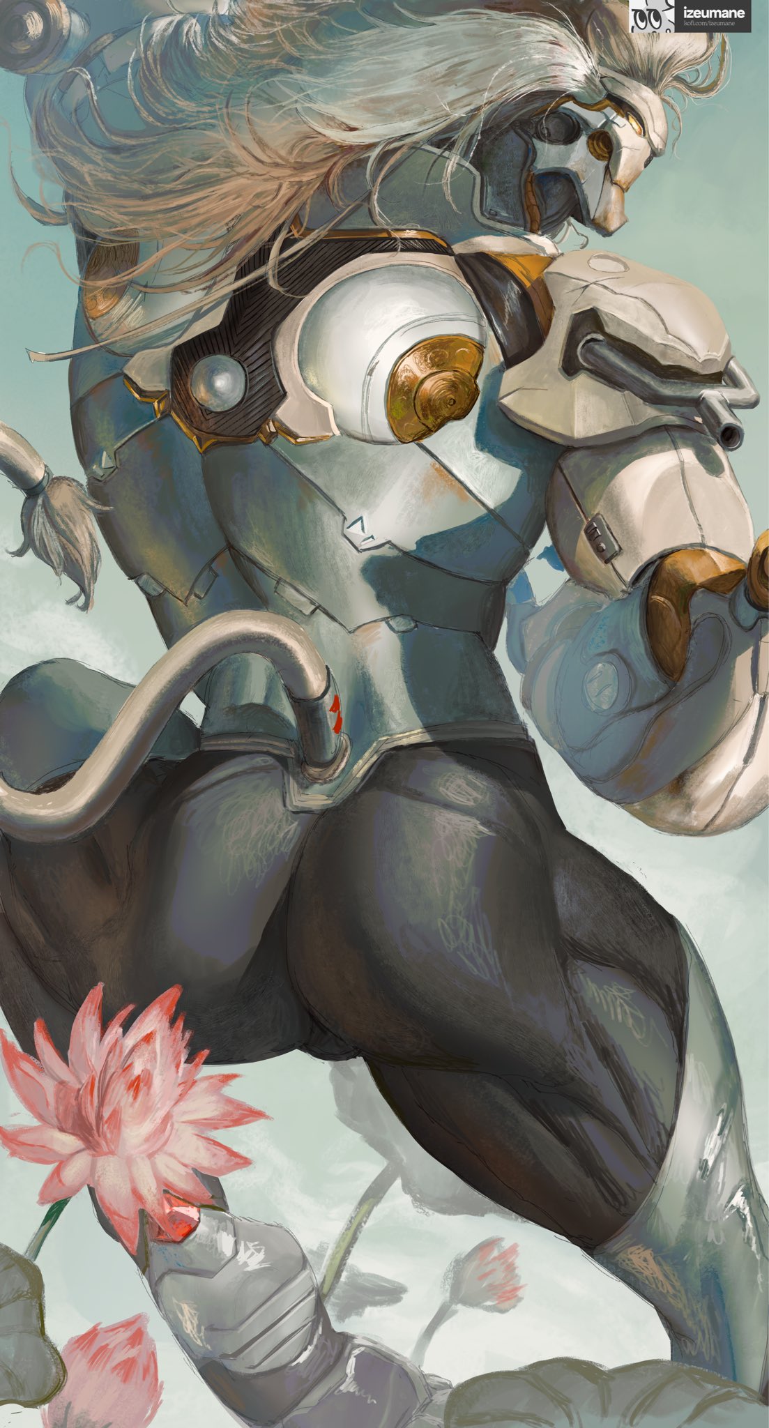 1boy artificial_eye ass back banyue_(zenless_zone_zero) biceps bulge commentary english_commentary flower from_behind grey_background highres humanoid_robot izeumane long_hair male_focus mechanical_arms mechanical_eye mechanical_hands mechanical_legs mechanical_tail pink_flower reflection robot robot_boy solo tail water white_hair yellow_eyes zenless_zone_zero