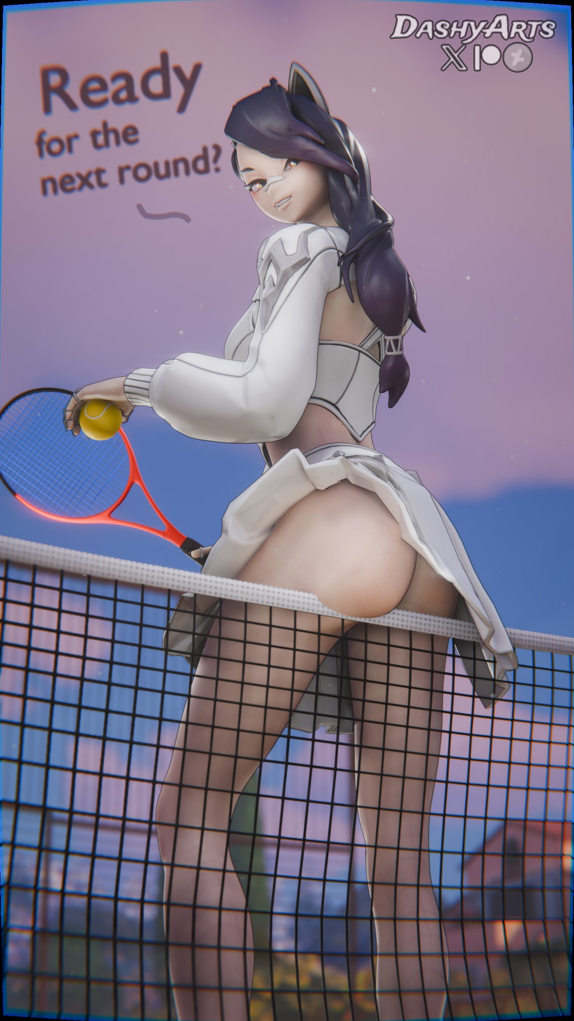 1girls, 2026, 3d, 3d (artwork), ass, bandaid, bandaid on nose, big ass, blender, bubble ass, bubble butt, cat ears, cat girl, court queen erisa (fortnite), dashyarts, detailed background, dress, epic games, erisa (fortnite), female, female focus, female only, fortnite, fortnite: battle royale, light skin, light-skinned female, looking at viewer, looking back, seductive, seductive eyes, seductive look, seductive pose, seductive smile, skirt, tennis ball, tennis court, tennis net, tennis racket, text, thick ass, thick thighs, watermark