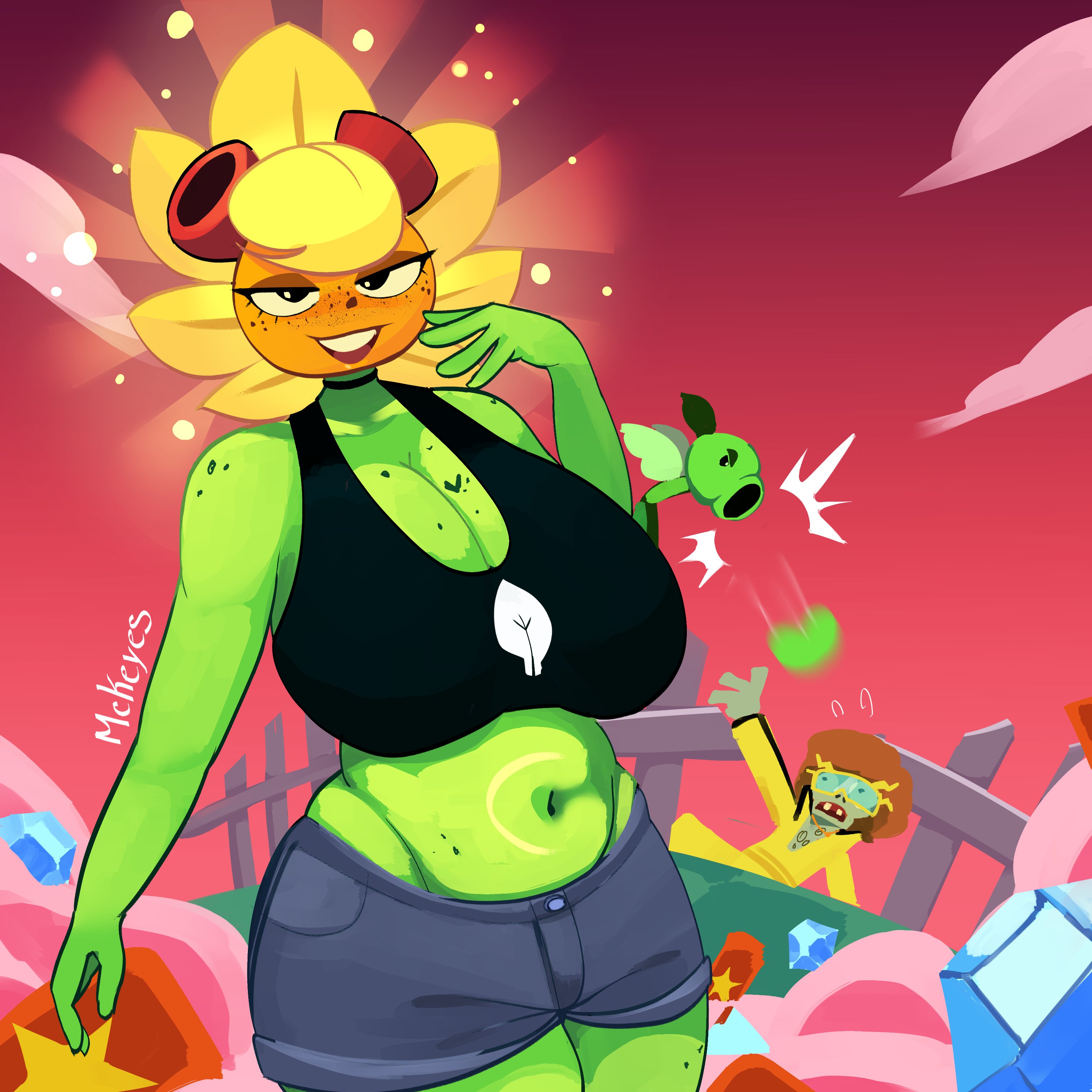 1girls, anthro, anthrofied, ass, belly, belly button, big breasts, breasts, chicharito, chubby, cleavage, disco zombie (pvz), electric boogaloo (pvz), female, flora fauna, freckles, heart, hotpants, looking at viewer, mckeyes, meme, peashooter (pvz), plant, plant humanoid, plantie, plants vs zombies, plants vs. zombies, popcap games, short pants, solar flare (pvz), sunflower (pvz), valentine's day
