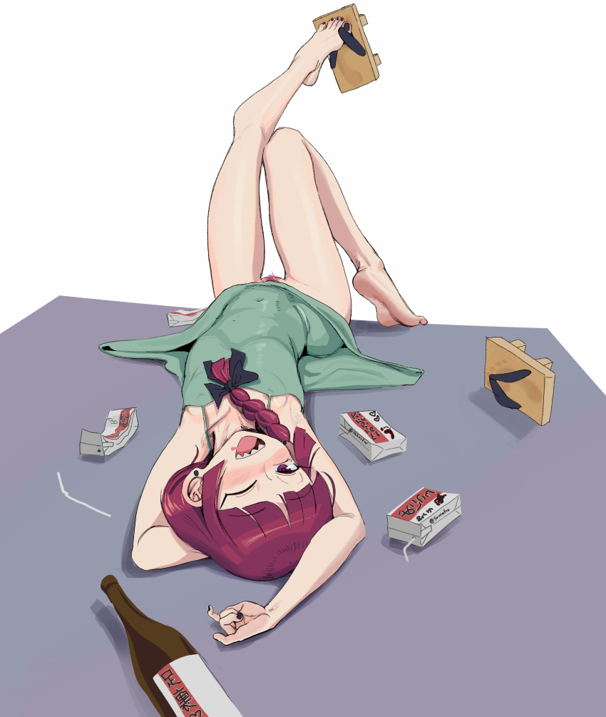 alcohol_carton barefoot blush bocchi_the_rock! bottle bottomless colored_pubic_hair covered_navel dress drink_carton drinking_straw drunk female female_only female_pubic_hair flat_chest full_body geta green_dress highres hiroi_kikuri leg_up looking_at_viewer lying medium_hair nail_polish on_back on_floor one_eye_closed open_mouth pubic_hair purple_eyes purple_hair sake_bottle sharp_teeth shoe_dangle shoes single_shoe smile soles solo suwafro teeth tiptoes toes upper_teeth_only