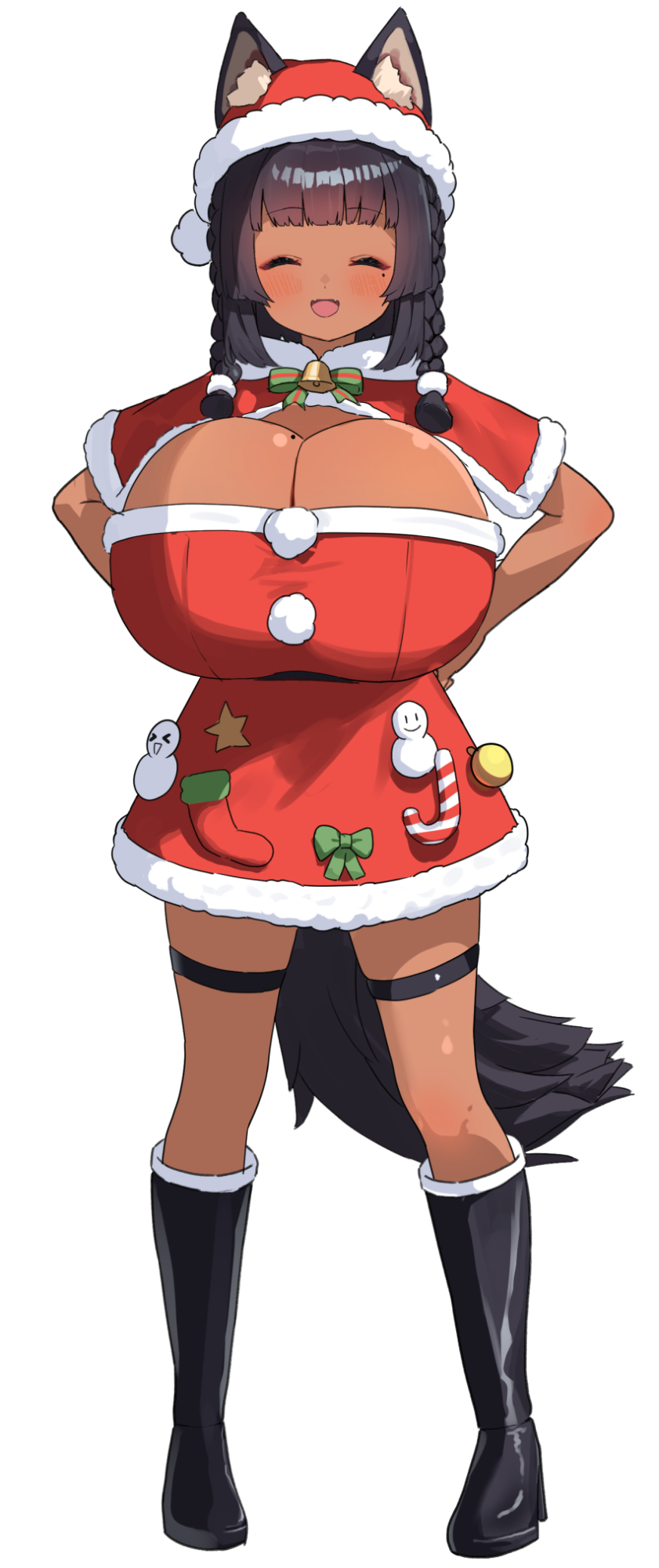 :d ^_^ animal_ears bell black_boots blush boots braid breasts candy candy_cane capelet cleavage closed_eyes dark-skinned_female dark_skin dress ears_through_headwear fangs female female_only food full_body fur_trim hands_on_own_hips hat huge_breasts lulu_kamiya mole mole_on_breast mole_under_eye nanaushi neck_bell open_mouth original pom_pom_(clothes) santa_costume santa_dress santa_hat short_dress shortstack side_braids simple_background skin_fangs smile snowman_ornament standing tail thigh_strap white_background wolf_ears wolf_girl wolf_tail