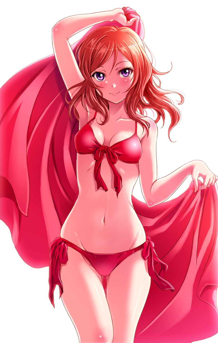 arm up, bikini, bikini top, body blush, breasts, female, front-tie top, highres, love live!, love live! school idol project, navel, nishikino maki, purple eyes, red bikini, red hair, shian (my lonly life.), side-tie bikini, smile, solo, standing, swimsuit, towel