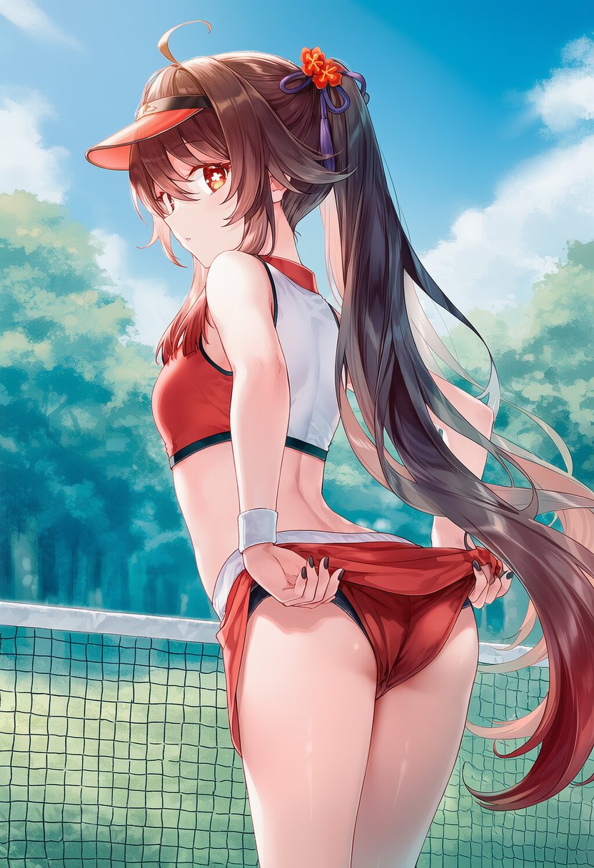 2d, 2d (artwork), ai, ai generated, alternate costume, ass, back, back view, brown hair, clouds, day, genshin impact, hu tao (genshin impact), light skin, light-skinned female, long hair, looking at viewer, looking back, looking back at viewer, outdoors, pigtails, sky, slim girl, small breasts, tennis uniform, trees, young, younger female