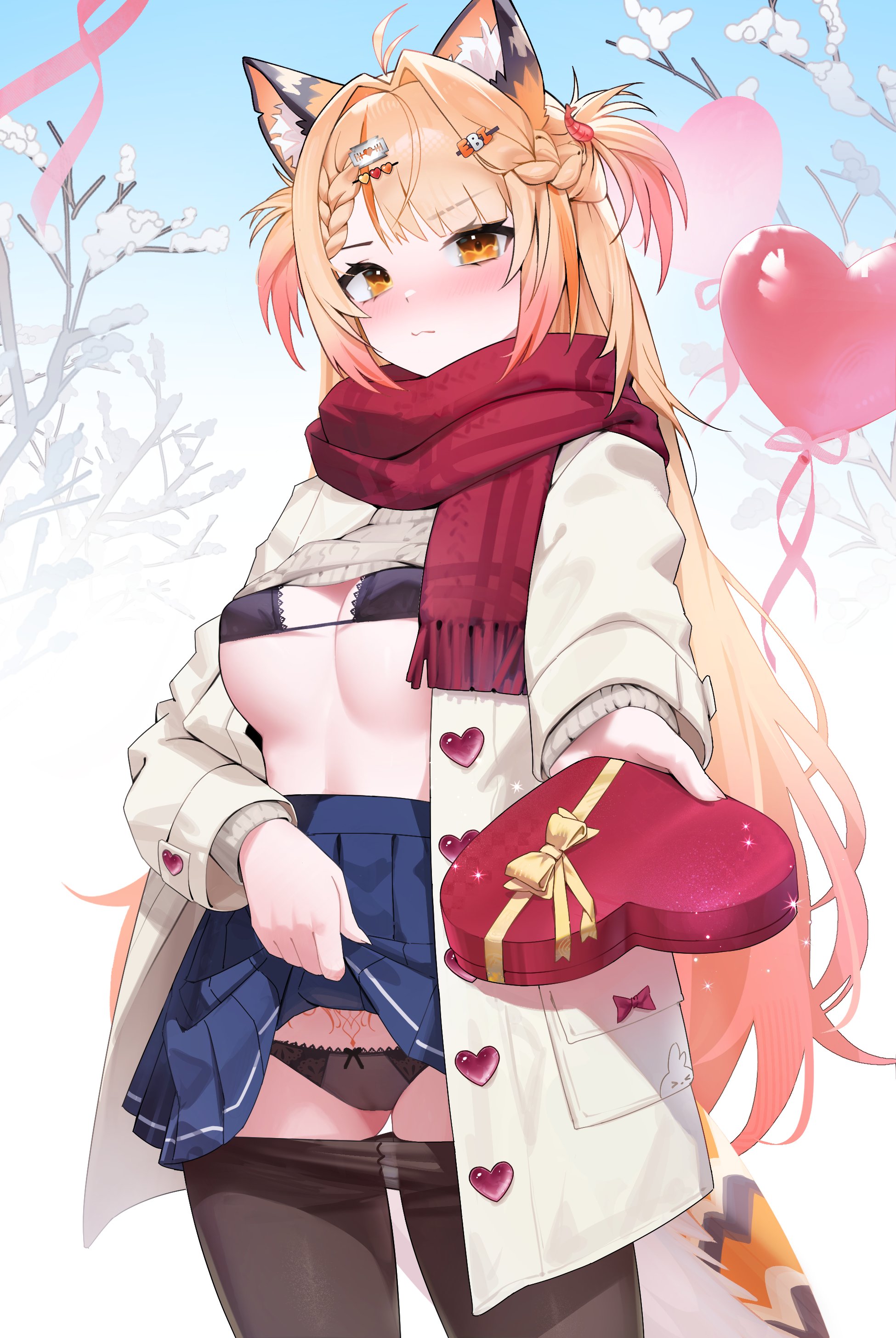 1girls, artist request, balloon, blonde hair, blue skirt, breasts, cat ears, catgirl, ebiko (vtuber), female, heart, heart ballon, heart shaped box, indie virtual youtuber, long hair, micro bikini, outdoors, panties, pubic tattoo, public indecency, scarf, shirt lift, shrimp girl, shrimp tail, skirt, tattoo, teasing, thighs, tree, twintails, underboob, undressing, upskirt, virtual youtuber, vtuber