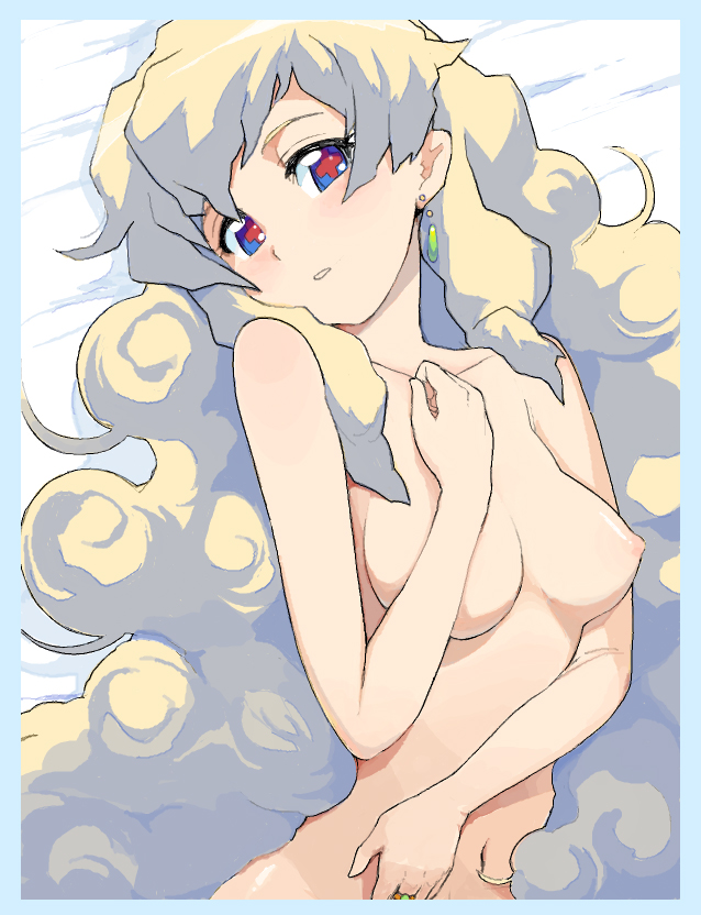 1girls areolae artist_request blonde_hair blue_eyes breasts completely_naked_female completely_nude_female cross_pupils earring female_focus female_only long_hair looking_at_viewer medium_breasts nia_teppelin nipples on_back ring solo solo_female tengen_toppa_gurren_lagann upper_body upper_body_focus