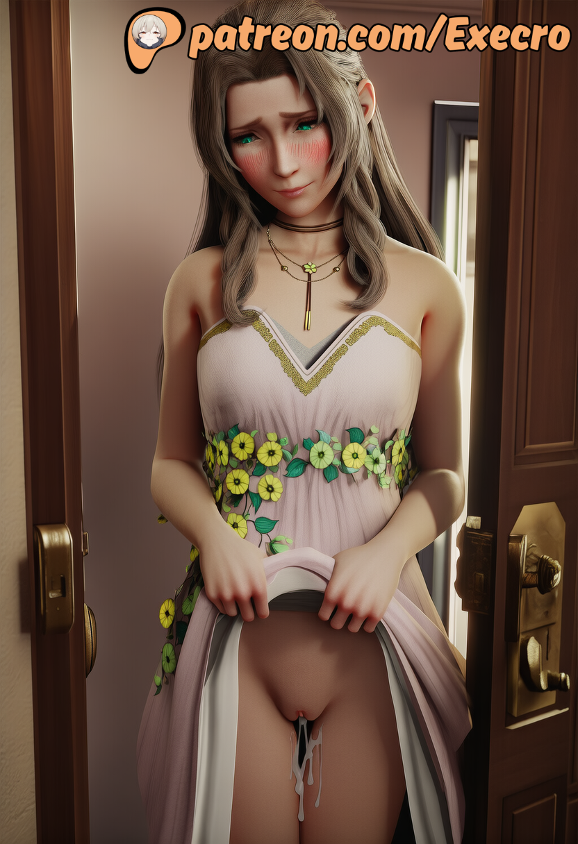 1girls 3d adorable aerith_gainsborough aerith_gainsborough_(floral_delight) after_sex ai_assisted ai_generated anime anime_style aroused asking_for_sex bare_pussy blue_eyes brown_hair casual_exposure casual_nudity clothes_on cum_drip cum_in_pussy cute execro female final_fantasy final_fantasy_vii final_fantasy_vii_remake green_eyes hi_res highres intimacy long_hair loose_panties male_pov medium_breasts novelai patreon pov pussy pussy_peek solo solo_female solo_focus square_enix standing uncensored vagina watermark