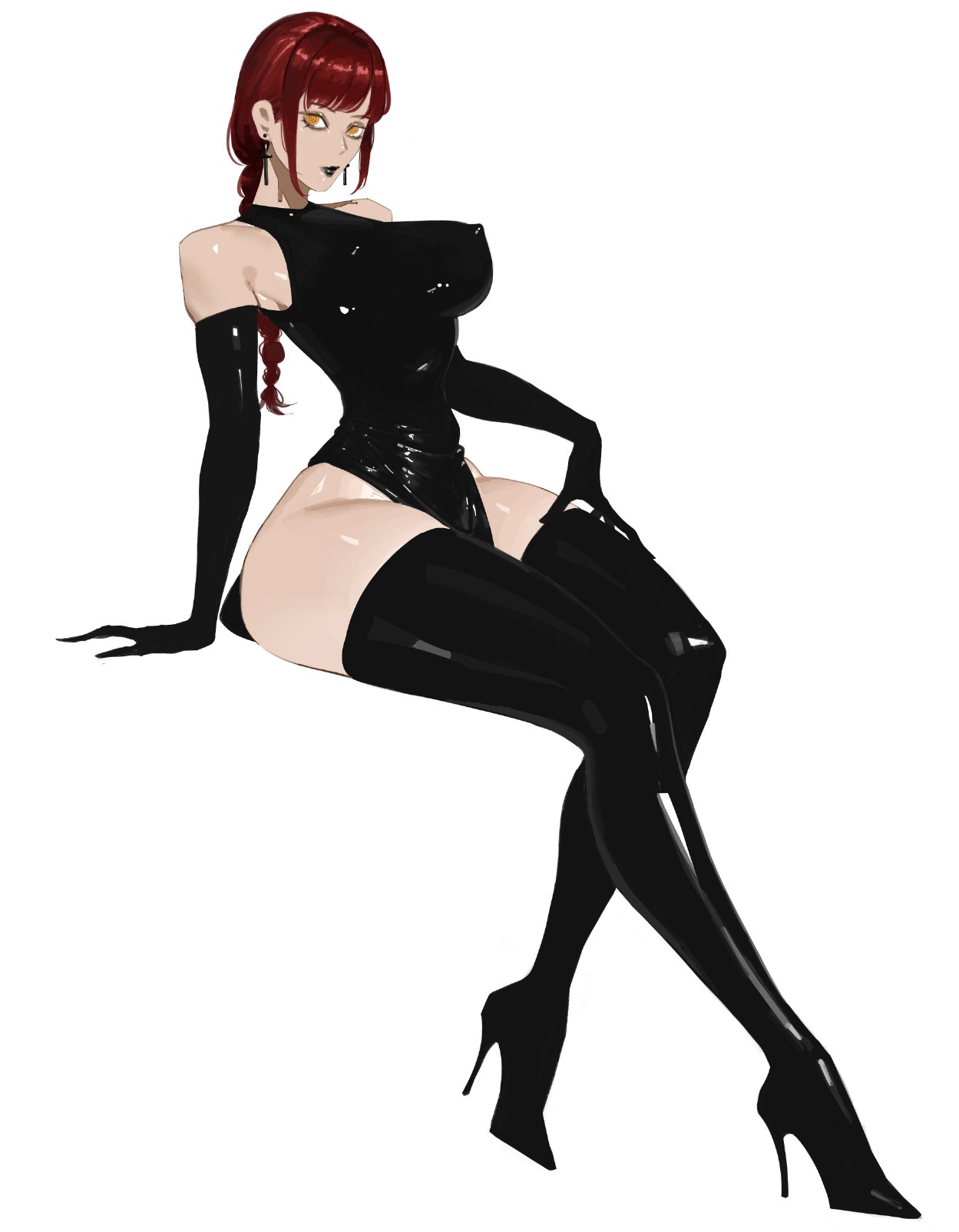 black clothing, black latex, black lipstick, boots, chainsaw man, female, female only, fuin, gloves, high heel boots, high heels, latex, latex bodysuit, latex boots, latex clothing, latex gloves, latex leotard, leotard, makima (chainsaw man), red hair, rubber, rubber clothing, shiny clothes, tight clothing, white background