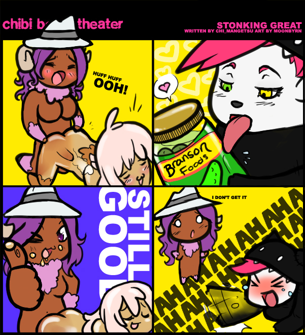 3girls ass breasts chibi chibi_booty_theater chimangetsu comic cordelia costume cum cum_inside dark_skin erinyes female flangirl futa_on_female futanari goat goo_girl green_eyes heart heterochromia imp intersex interspecies jar moonbyrn pickles pudding sex sheep text yellow_eyes zero_punctuation