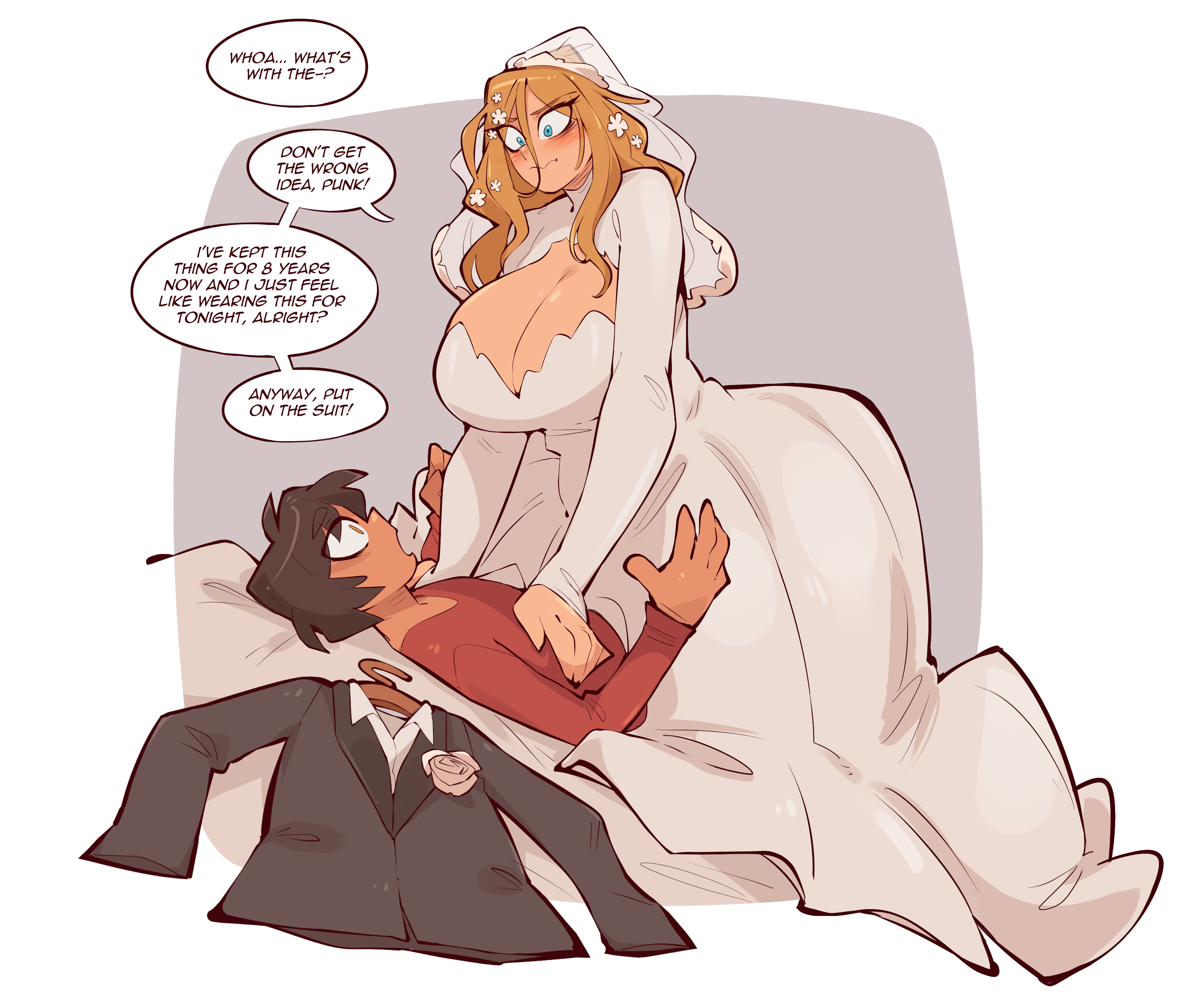 1boy, 1girls, 2d, age difference, blonde hair, blue eyes, brown hair, cleavage, dark-skinned male, desperation, female on top, imminent sex, larger female, light-skinned female, long hair, max gilman (saucymojo), older female, original characters, saucymojo, size difference, smaller male, speech bubble, student, tatiana arkwright (saucymojo), teacher, teacher and student, wedding dress, yellow eyes, younger male