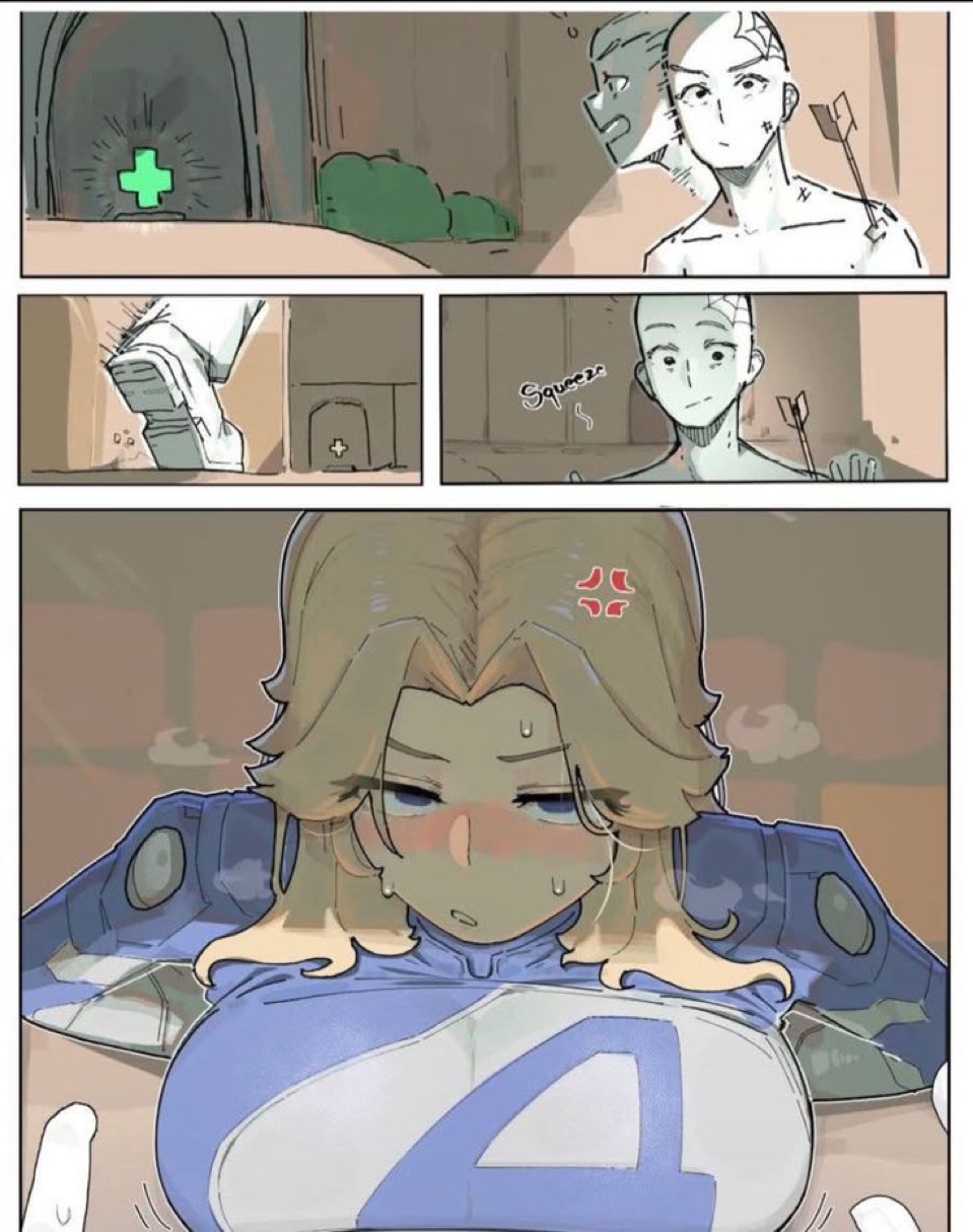 2d, anger vein, anonymous male, arrow, azz0422, blonde hair, blush, breast press, comic, fantastic four, huge breasts, invisible woman, invisible woman (marvel rivals), marvel, marvel rivals, milf, pout, sue storm