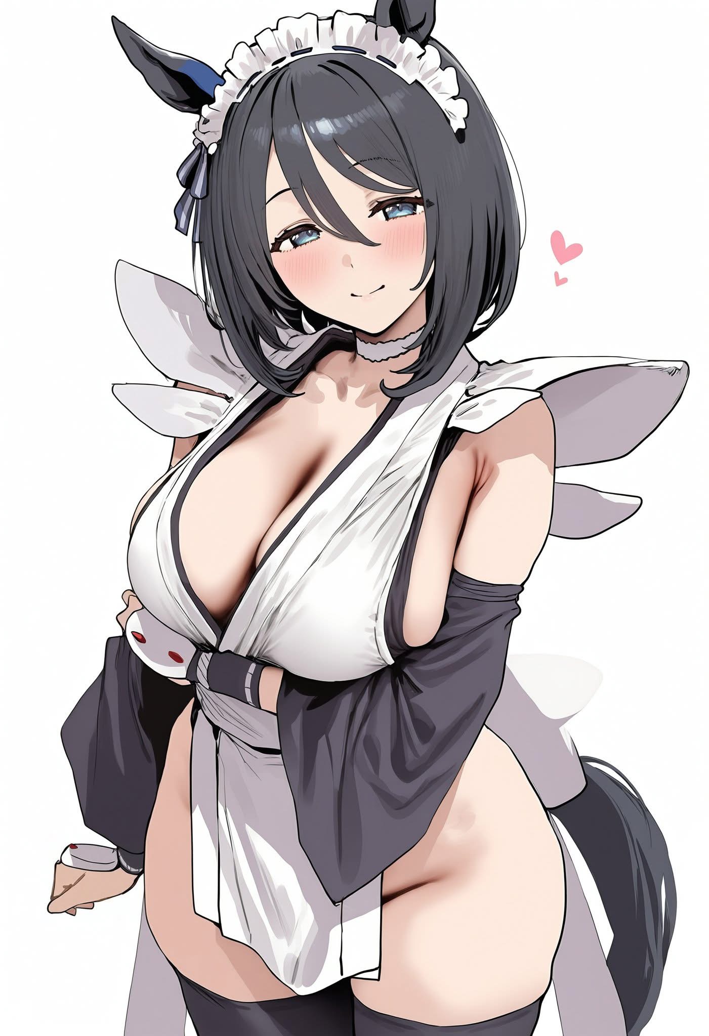 black hair, busty, eishin flash (umamusume), horse ears, horse girl, horse tail, iroha (cosplay), iroha (samurai spirits), maid headdress, maid outfit, samurai spirits, umamusume, umamusume pretty derby