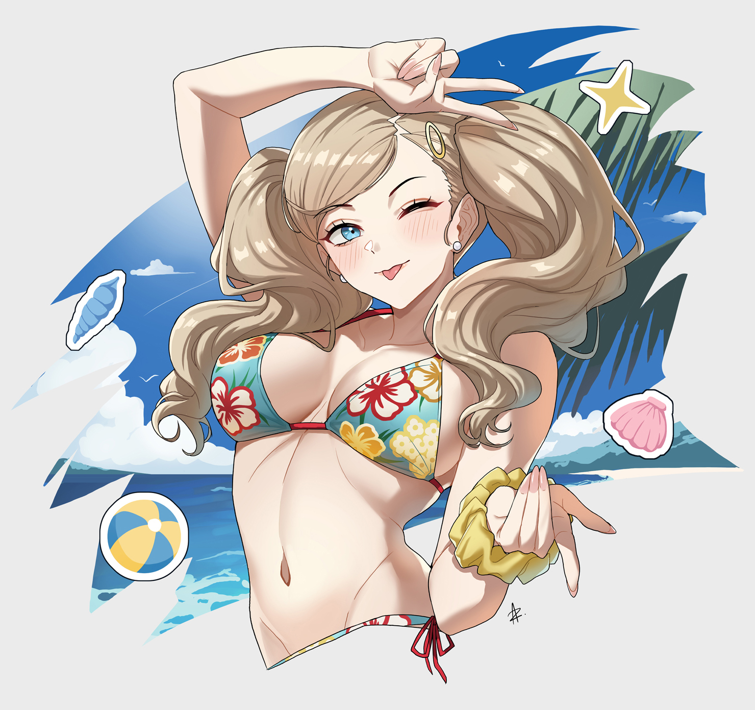 ;p, ann takamaki, ann takamaki (swimsuit), arm up, beach, bikini, breasts, commentary, commission, cropped torso, earrings, english commentary, fashionista, female, female only, floral print, floral print bikini, gyaruish, hair ornament, hairclip, highres, jewelry, large breasts, navel, ocean, one eye closed, persona, persona 5, print bikini, scrunchie, shell, solo, stomach, swimsuit, takamaki anne, tongue, tongue out, tree, twintails, upper body, v, vgen commission, water, wrist scrunchie, zedoraart