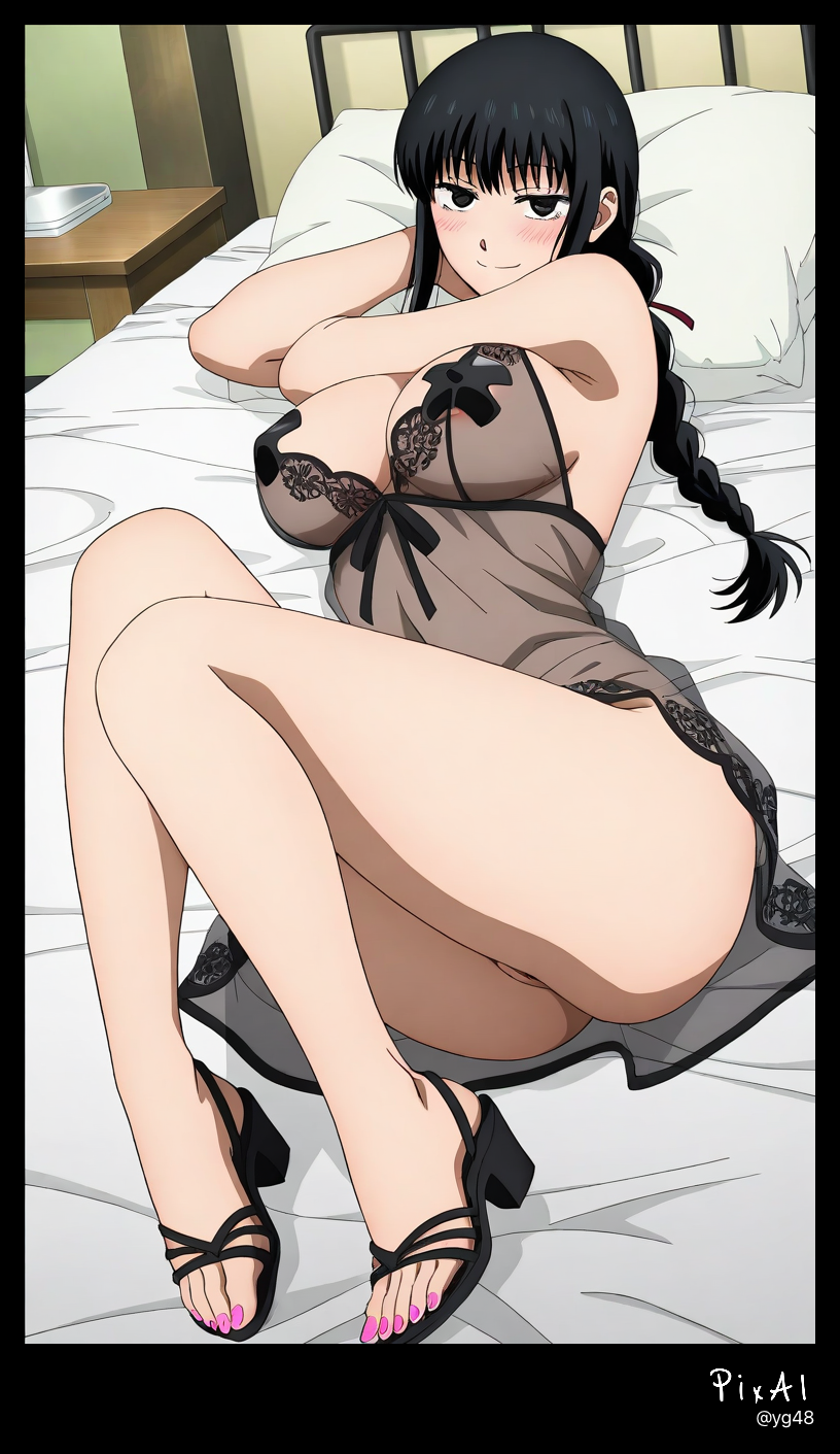 1girl, 4k 8k ai_generated anatomy, and anime beautiful bed, black blushing, body body, breasts breasts, clean coiffed, colors, content detailed dress, explicit expressive eyes, face, feet feet, female, flat full gradient hair hair, happy her high highlights, horny, lace legs, lineart, long loose, lying, manicures, masterpiece, mature minimal muted nails, night nsfw, on osaragi_(sakamoto_days) ovulating, pasties, pedicures, perfect pose, position, quality quality, resolution, sakamoto_days sandals, screenshot seductive see-through sexual sexy shading, shadow, shape, simple soft solo, strong tension, thighs thighs, thin toe toes, tongs up, v-cleavage, very view, well