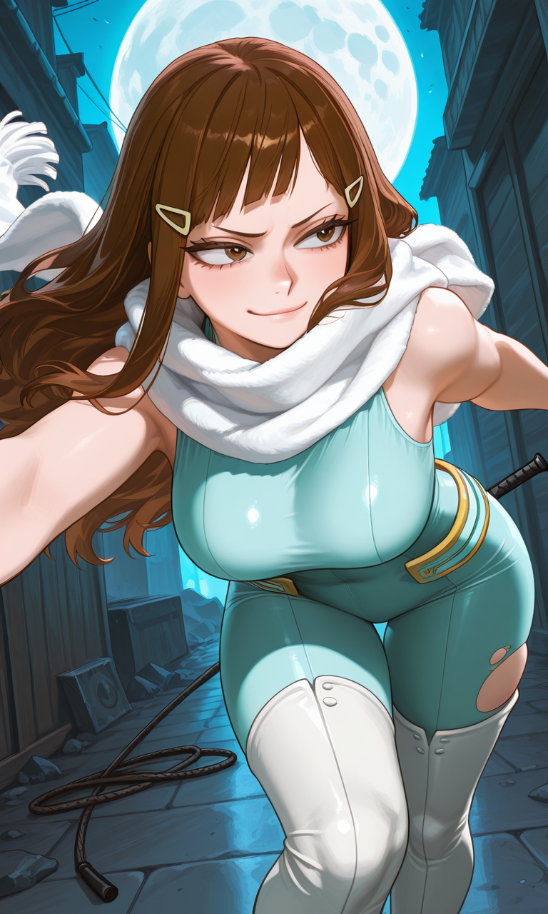 ai_generated bangs big_breasts breast_press breasts brown_eyes brown_hair demon_slayer fight fighting_pose fighting_stance fully_clothed hero hero_outfit_(mha) heroine kimetsu_no_yaiba long_hair mizuki_hoshizora mocking my_hero_academia original_character pale_skin smile smiling_at_viewer torn_clothing whip