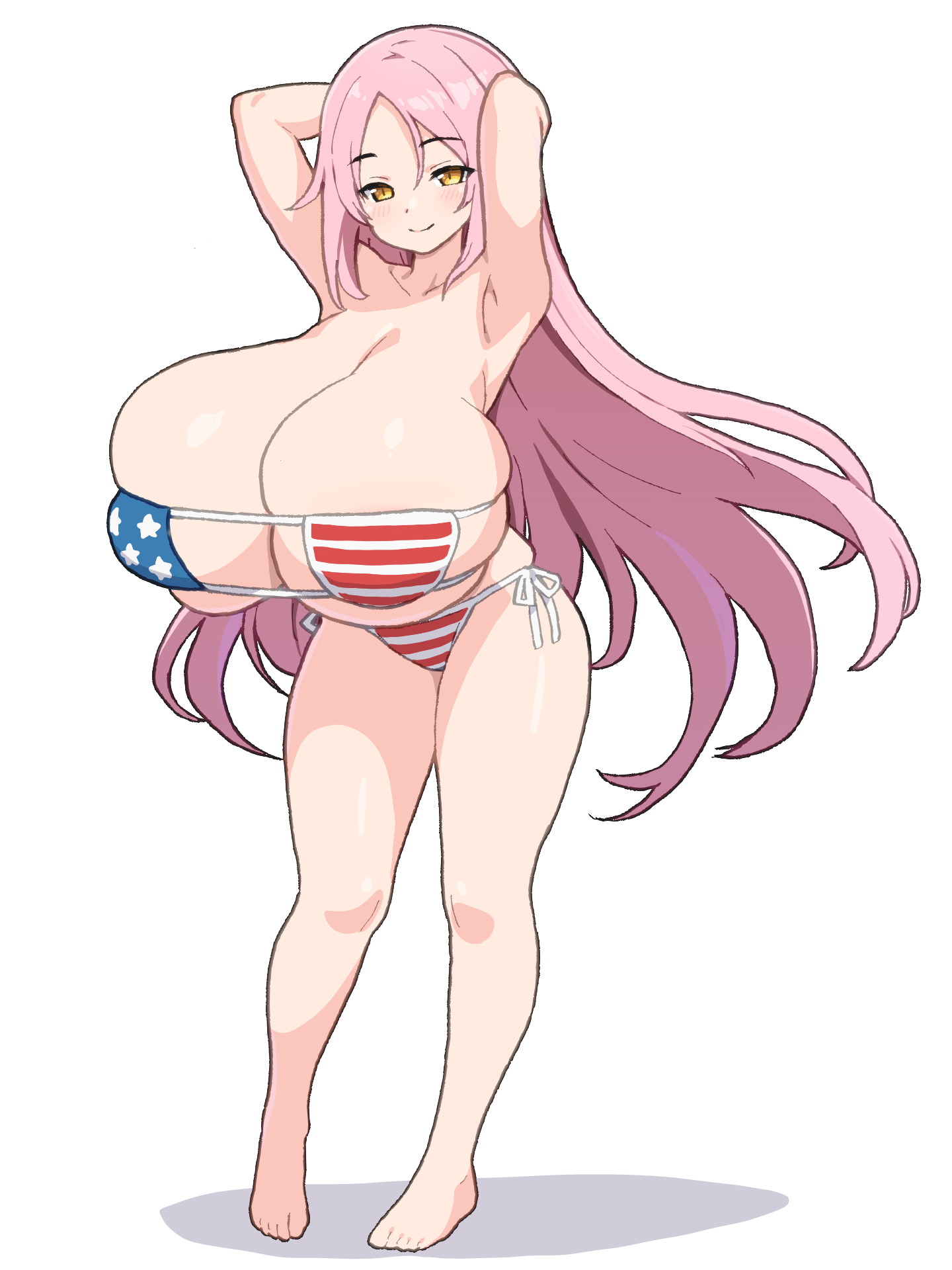 aizawa momoka, american flag, american flag bikini, american flag print, armpits, arms behind head, bikini, breasts, female, flag print, flag print bikini, full body, gigantic breasts, honoo no haramase paidol my star gakuen z, long hair, looking at viewer, pink hair, print bikini, shirogane hakuba, shirt, simple background, smile, solo, standing, swimsuit, very long hair, white background, white shirt, yellow eyes