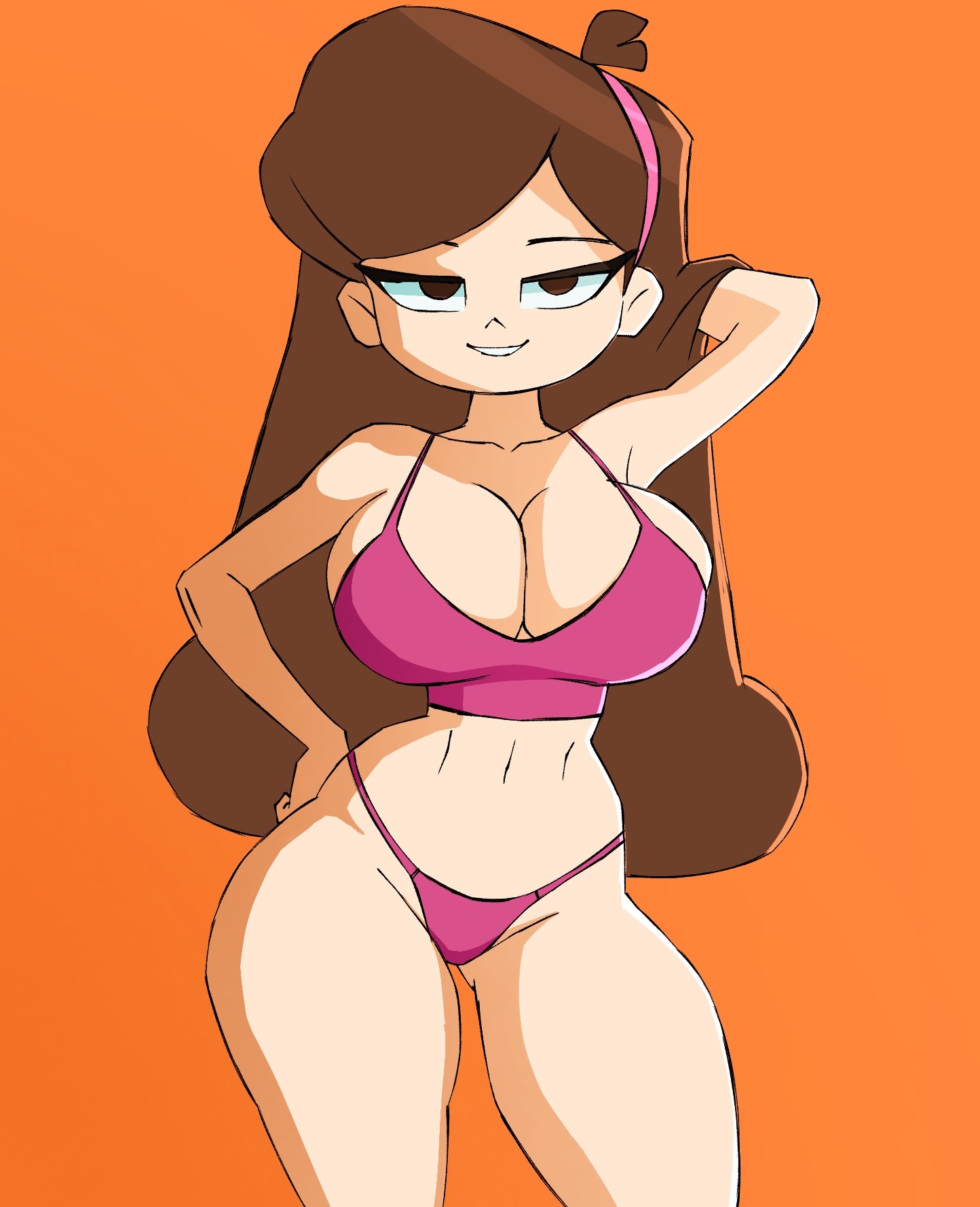 1girls, big breasts, bikini, breasts, breekn, brikmk, brown eyes, brown hair, cleavage, cowboy shot, curvy, disney, disney channel, disney xd, female, female only, gravity falls, hairband, human, light skin, light-skinned female, long hair, looking at viewer, mabel pines, navel, orange background, simple background, smile, solo, standing, thighs, three-quarter portrait, very long hair