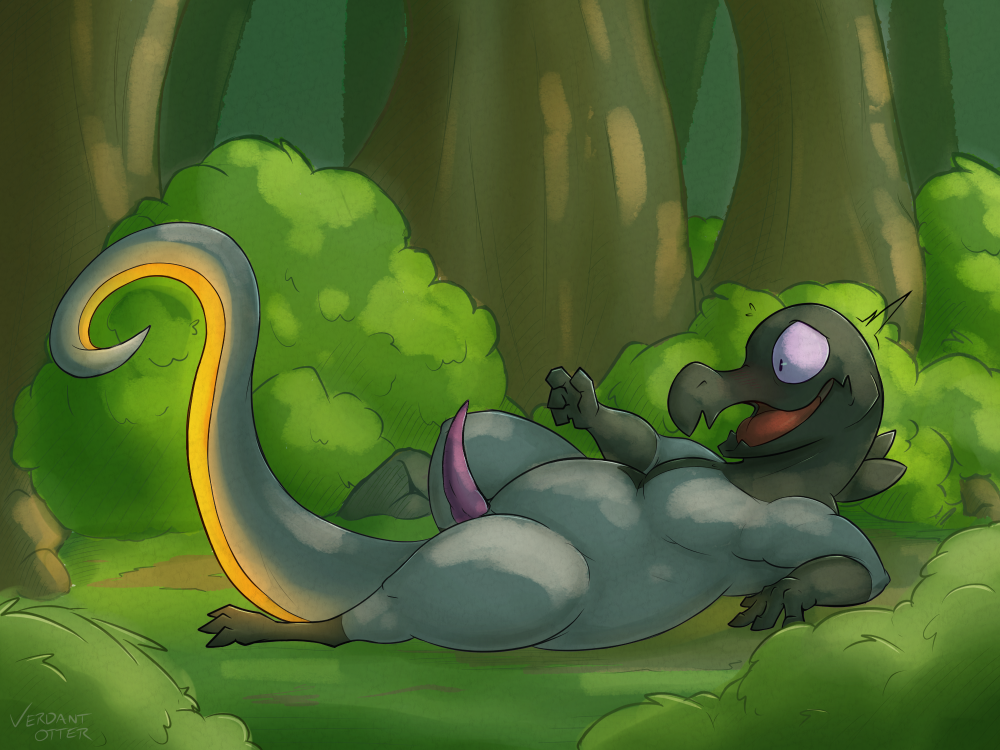 4_fingers after_transformation black_body black_scales feral fingers generation_7_pokemon genitals glowing glowing_body glowing_scales grey_body grey_scales implied_transformation lizard looking_at_genitalia looking_at_penis looking_at_self lying male nintendo on_back open_mouth orange_body orange_scales outside penis plant pokemon pokemon_(species) pokemon_mystery_dungeon purple_eyes reptile salandit scales scalie shocked shrub solo spike_chunsoft tapering_penis tongue tree verdantotter