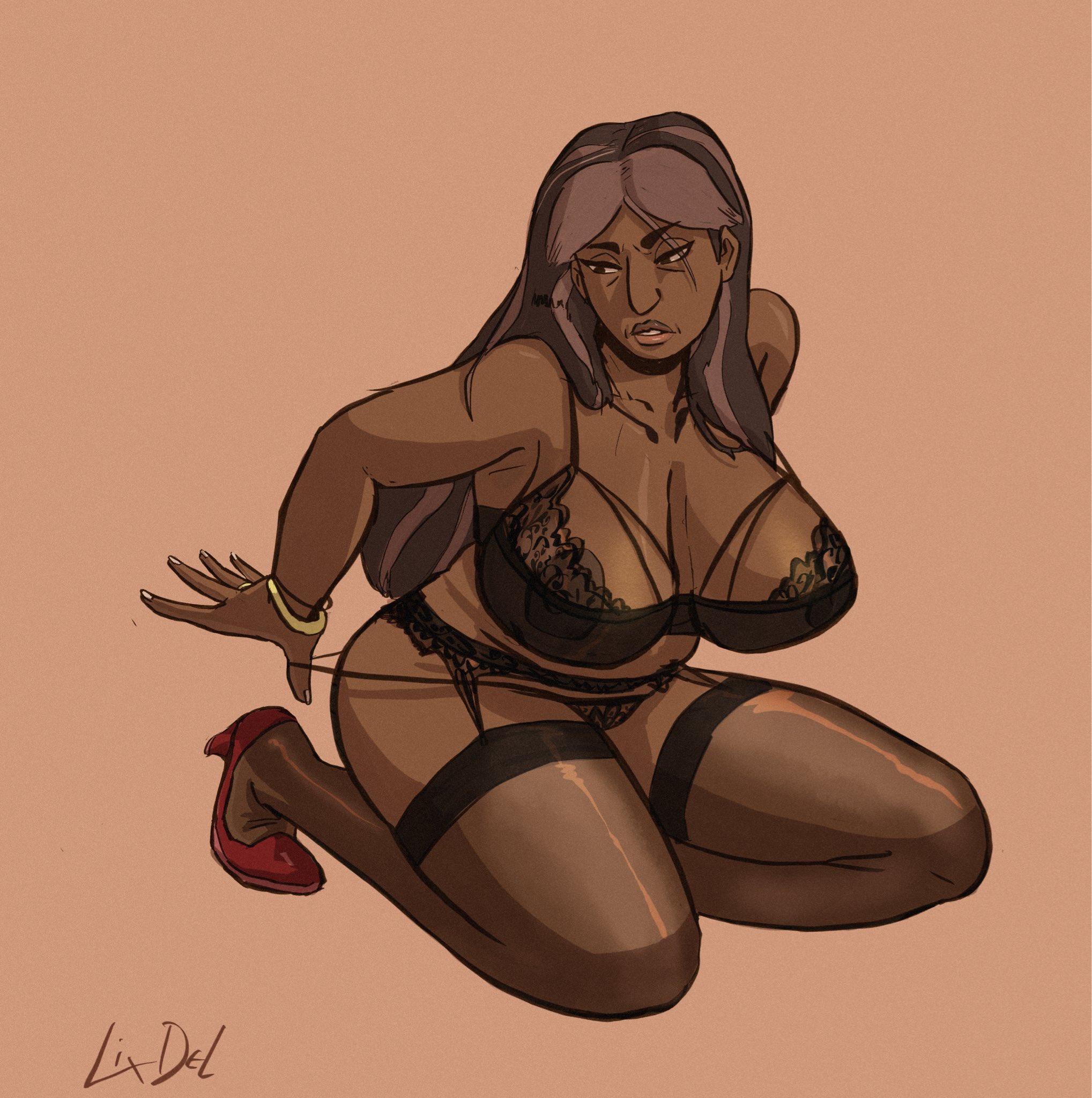 1girls, alternate version at source, big breasts, bra, breasts, dark skin, dark-skinned female, female, female only, garter belt, garter straps, indian, indian female, lace-trimmed bra, lace-trimmed panties, lingerie, lixdel drawing, mature female, milf, mother, nipples, nipples visible through clothing, panties, priyanka maheswaran, sagging breasts, sketch, solo, steven universe, translucent clothing, two-tone hair, undressing