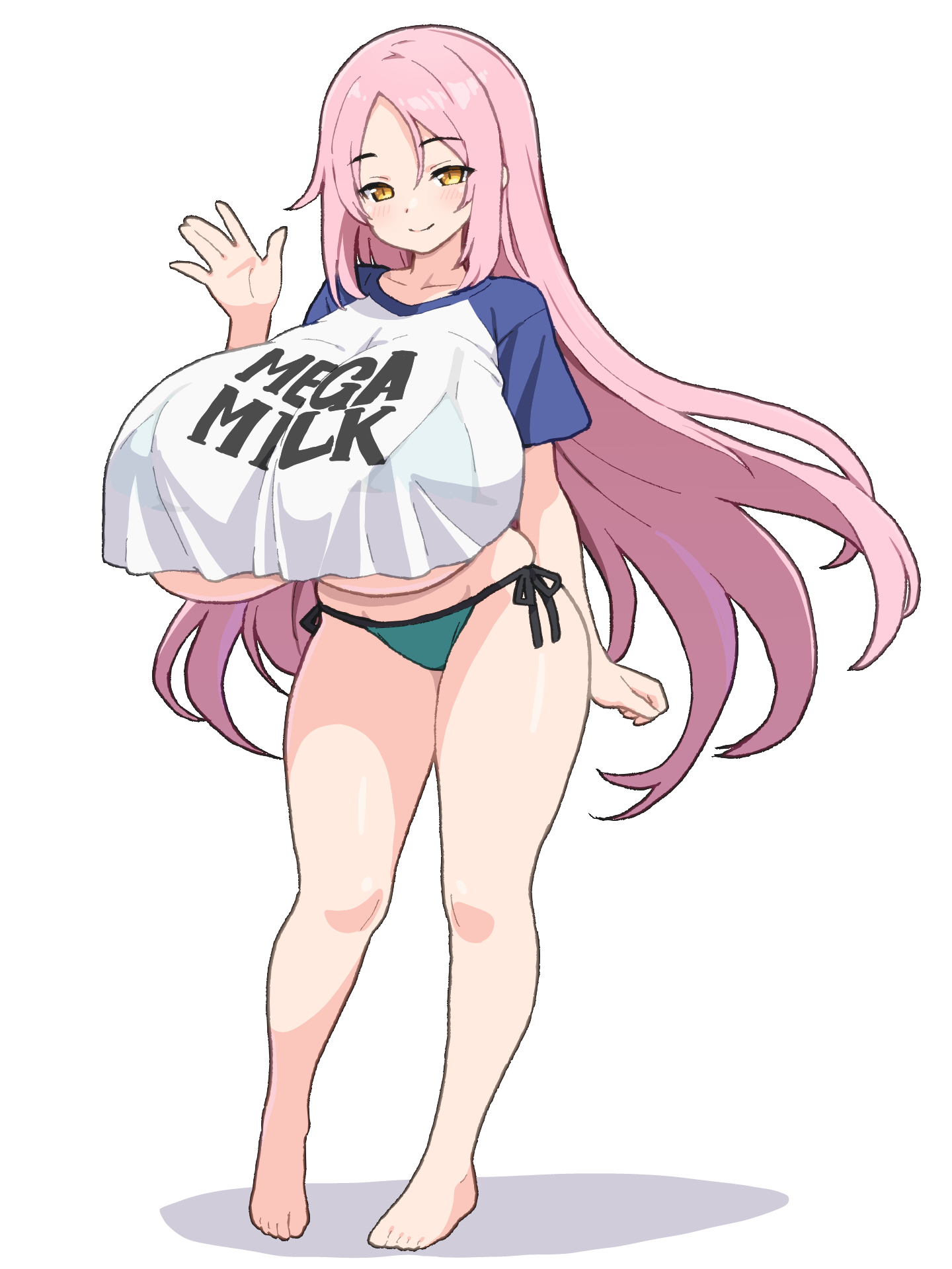 aizawa momoka, bikini, bikini under clothes, breasts, female, full body, gigantic breasts, green bikini, honoo no haramase paidol my star gakuen z, long hair, looking at viewer, mega milk, pink hair, shirogane hakuba, shirt, shirt overhang, simple background, smile, solo, standing, swimsuit, underboob, very long hair, white background, white shirt, yellow eyes