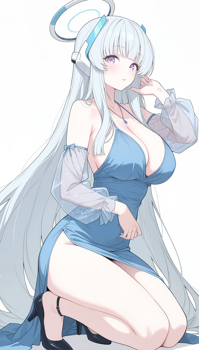 1girls, artist request, big breasts, blue archive, boob window, dress, female, female only, halo, headgear, high heels, kneeling, millennium science school student, necklace, noa (blue archive), seminar (blue archive), sideboob, silver hair, thick thighs